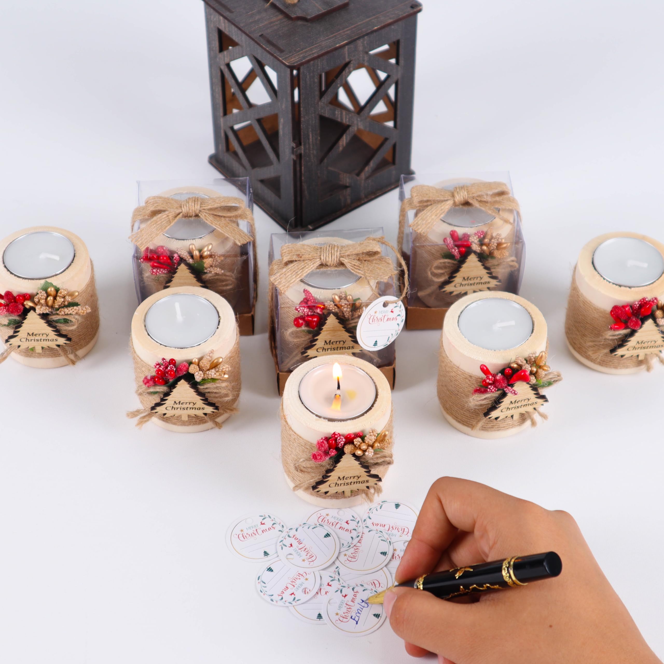 Pack of 10 Wooden Tealight Candle Holders - Christmas Tree Shaped Holiday Decorations for Xmas, New Year & Noel - Light Brown Bulk Candles for Home, Party & Festive Decor