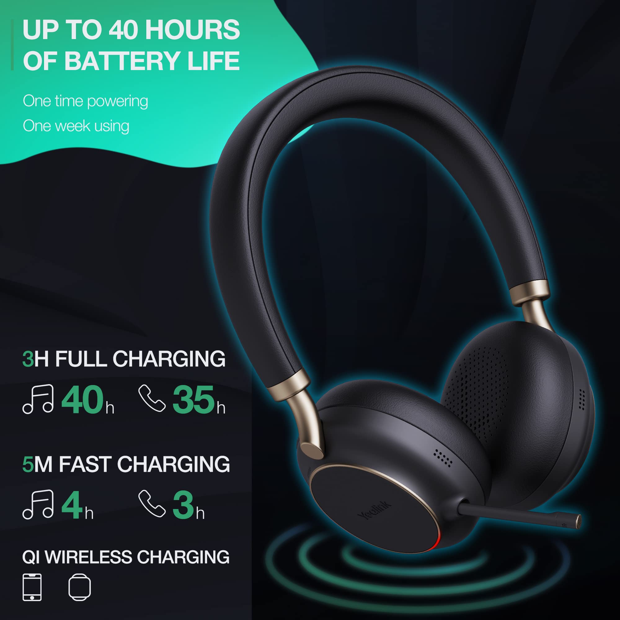 Yealink BH76 Wireless Bluetooth Headset with Active Noise Cancelling (ANC) - 35H Talk Time, 5X Microphone, Teams Certified for Office, Remote Work, Call Center & Home Business - Compatible with Computer & Mobile Devices via USB-A