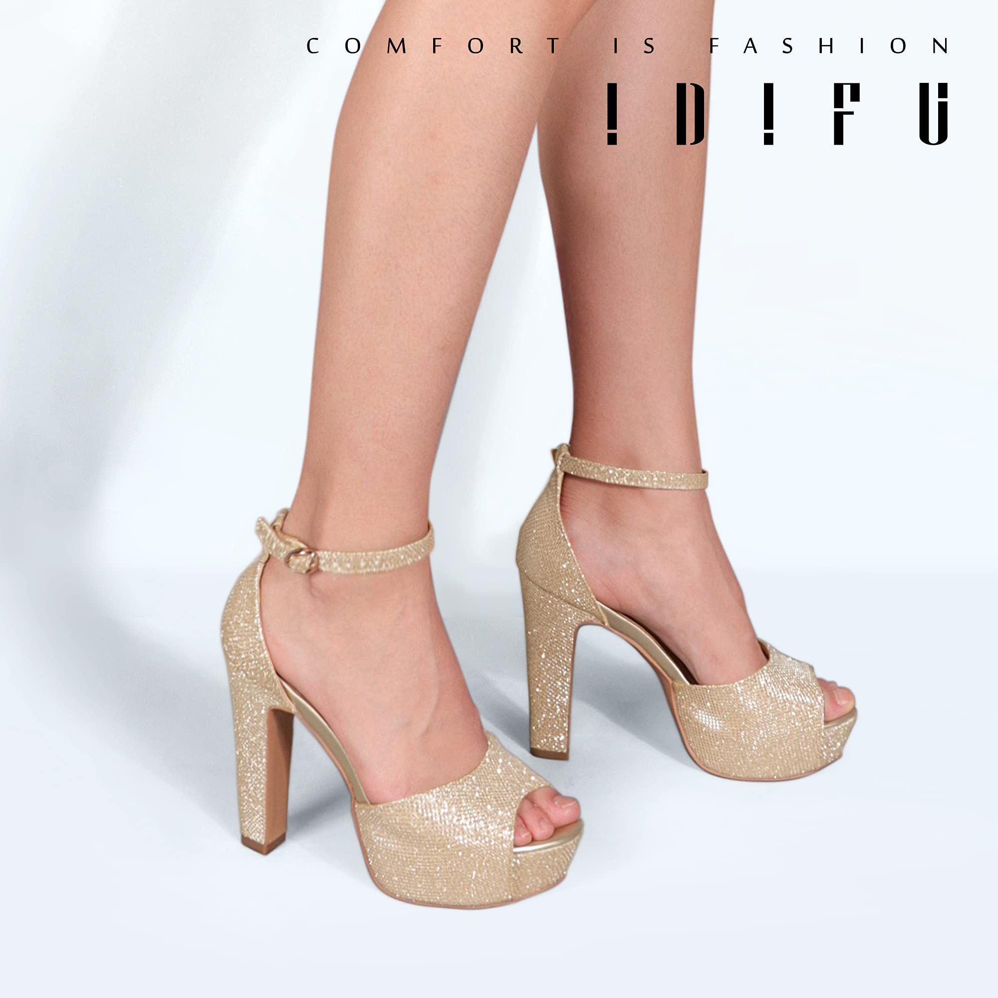 IDIFU Women's Chunky Heel Peep Toe Ankle Strap Sandals - Platform High Heels for Wedding, Party & Evening Events - Comfortable Bridal Shoes for Women