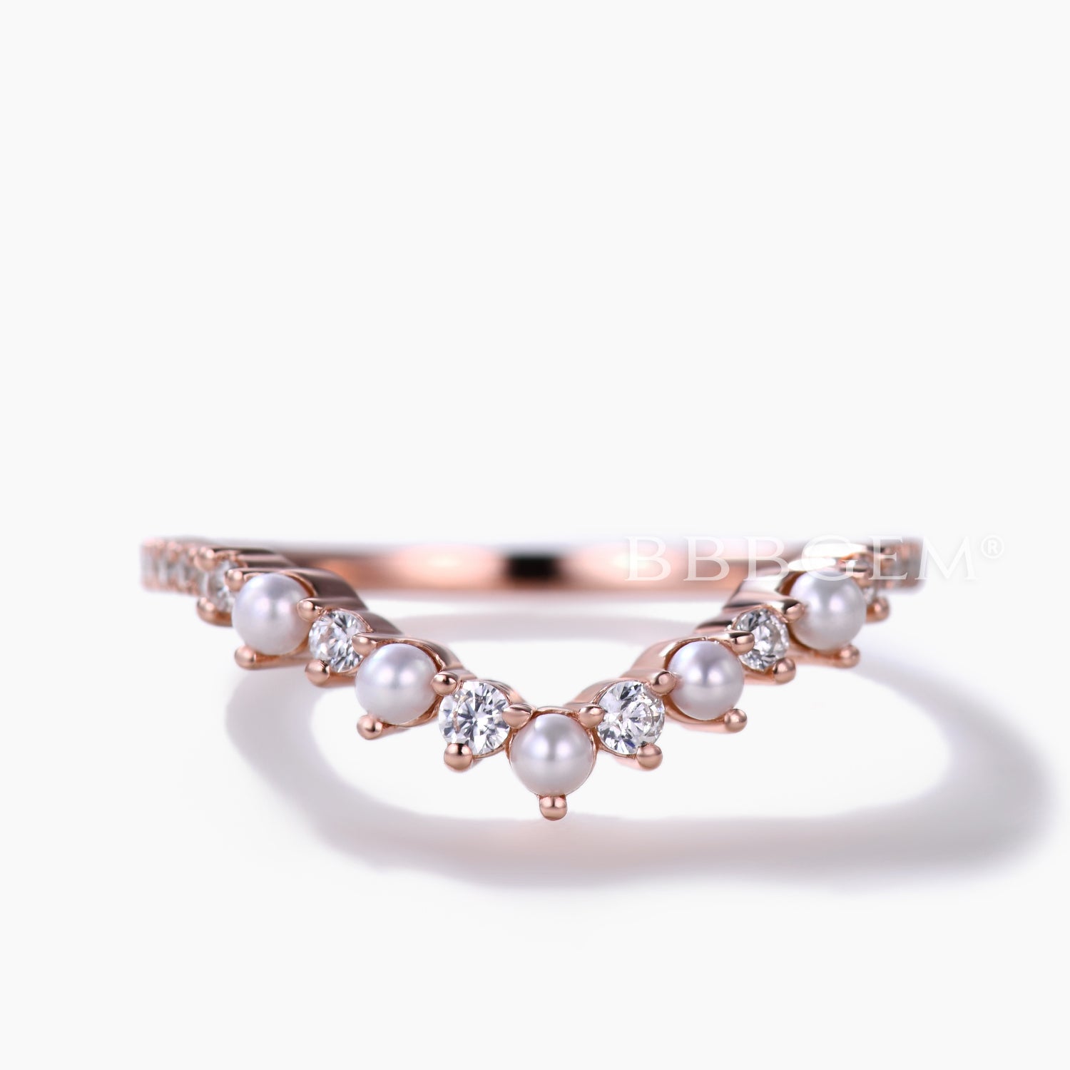 14K Rose Gold Petite V-Shaped Pearl & Diamond Stacking Ring for Women - Elegant Curve Band for Layering, Stacking, and Everyday Wear