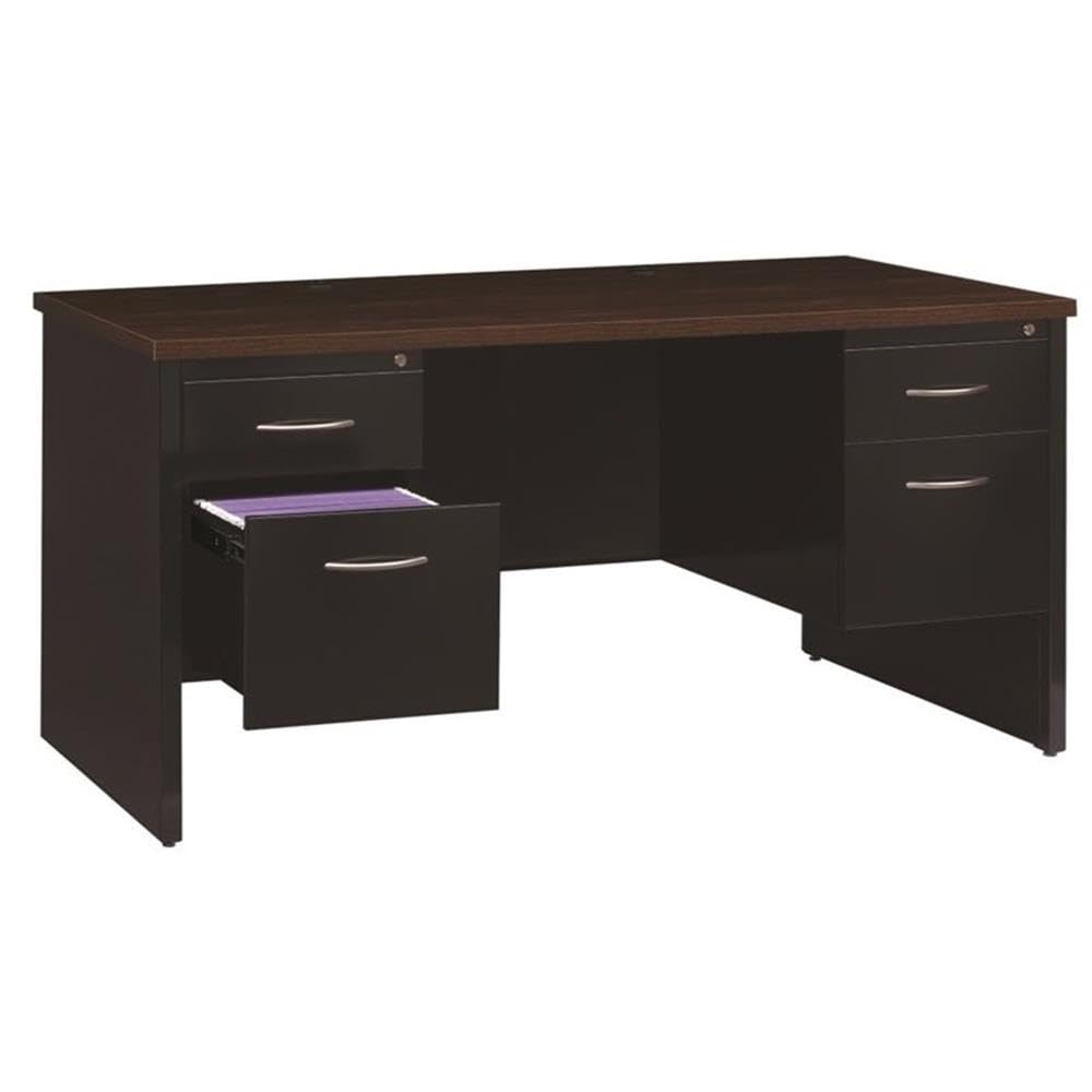 Pemberly Row Double Pedestal Metal Desk with Arch Pull Handles - Black/Walnut Finish for Home Office, Study Room & Workspace