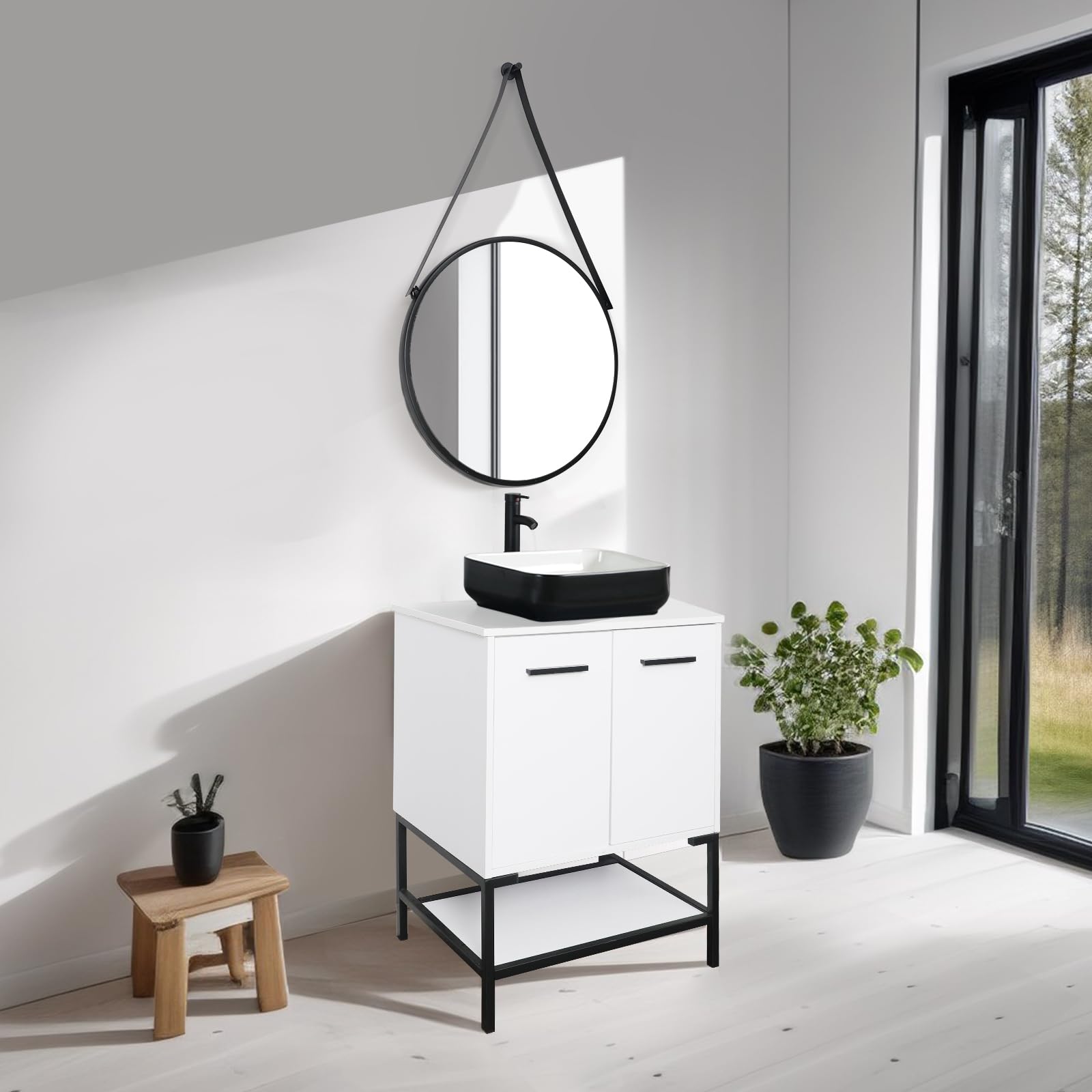 YOURLITE 24 Inch Modern White Bathroom Vanity Set with Mirror, Ceramic Vessel Sink & Faucet - Stylish Space-Saving Design for Small Bathrooms, Powder Rooms & Apartments