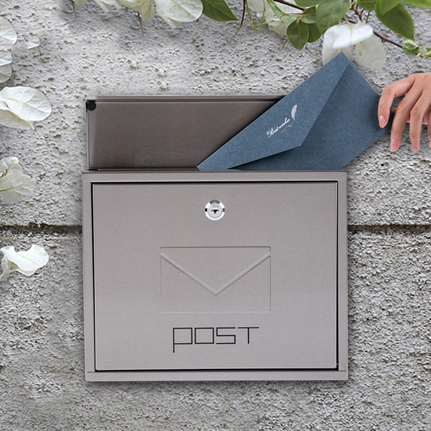 Lockable Stainless Steel Mailbox with 2 Keys - Outdoor Waterproof Wall-Mounted Letter Box for Home, Apartment & Office - Durable Silver Mailbox for Secure Package & Letter Delivery
