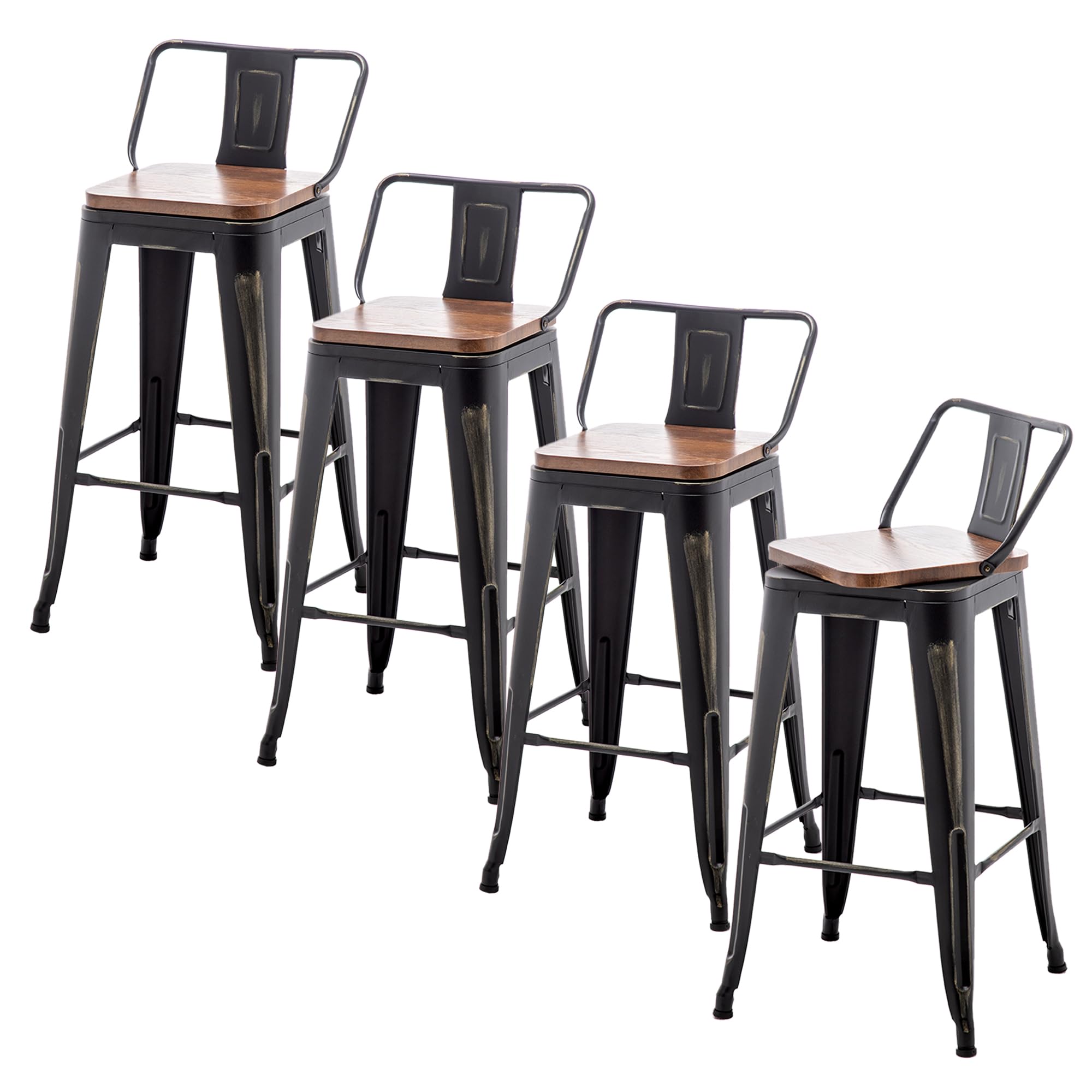 26 Inch Bar Stools Set of 4 - Counter Height Swivel Bar Chairs with Gold Finish & Back Support - Modern Kitchen Stools for Breakfast Nook, Home Bar & Dining Counter - Black Metal Barstools