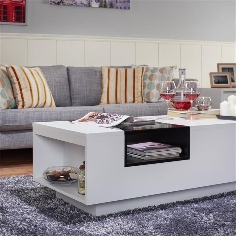 Modern Rectangle Coffee Table with Storage - White & Black Wooden Furniture for Living Room & Office - Matte Finish with Glass Window Shelf & 2 Open Shelves - Perfect for Small Spaces, Home Decor & Entertaining Guests