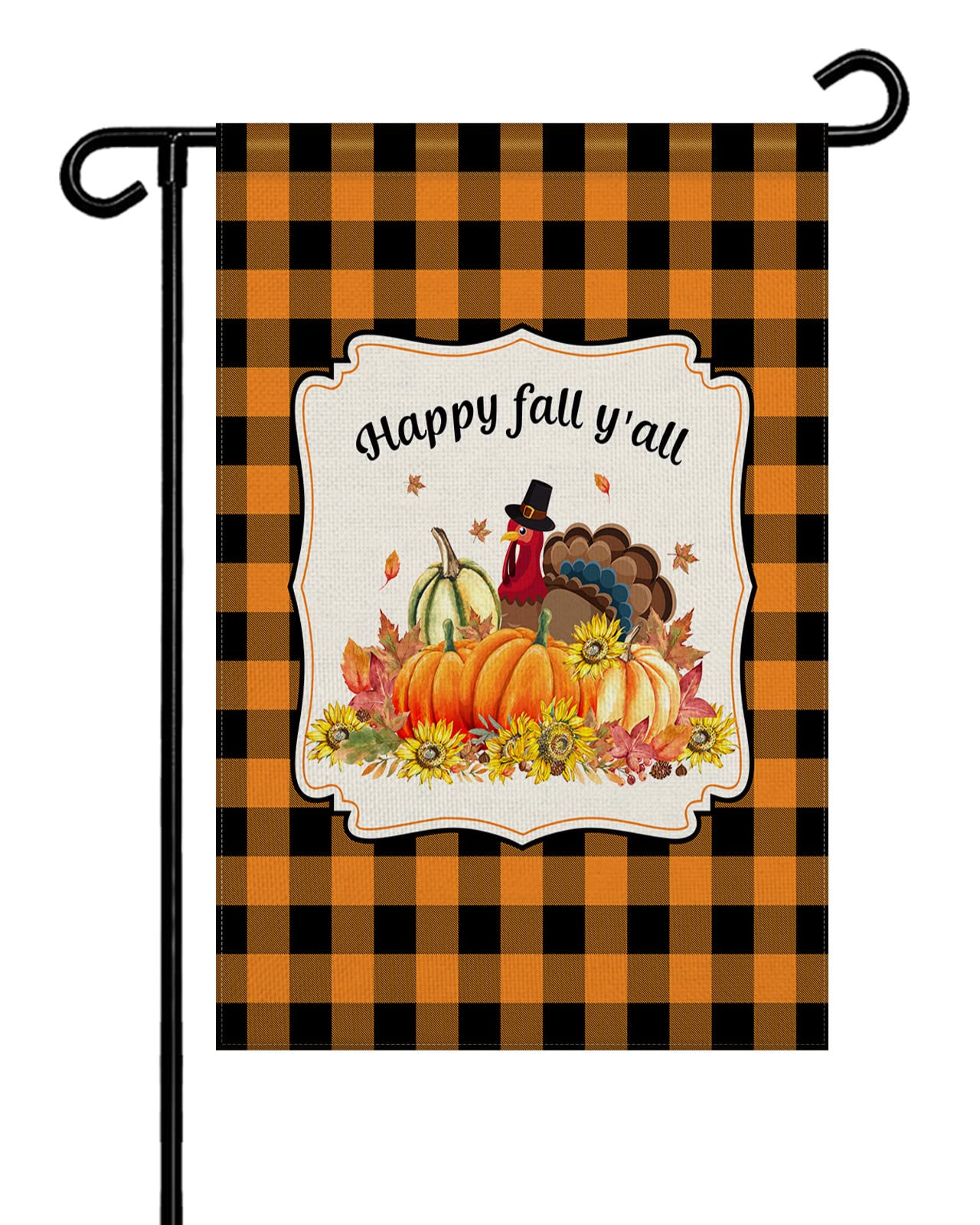 Seven Roses Thanksgiving Pumpkin Garden Flags - Double Sided Burlap Seasonal Decor, Orange Black Plaid Turkey Welcome Banner (28