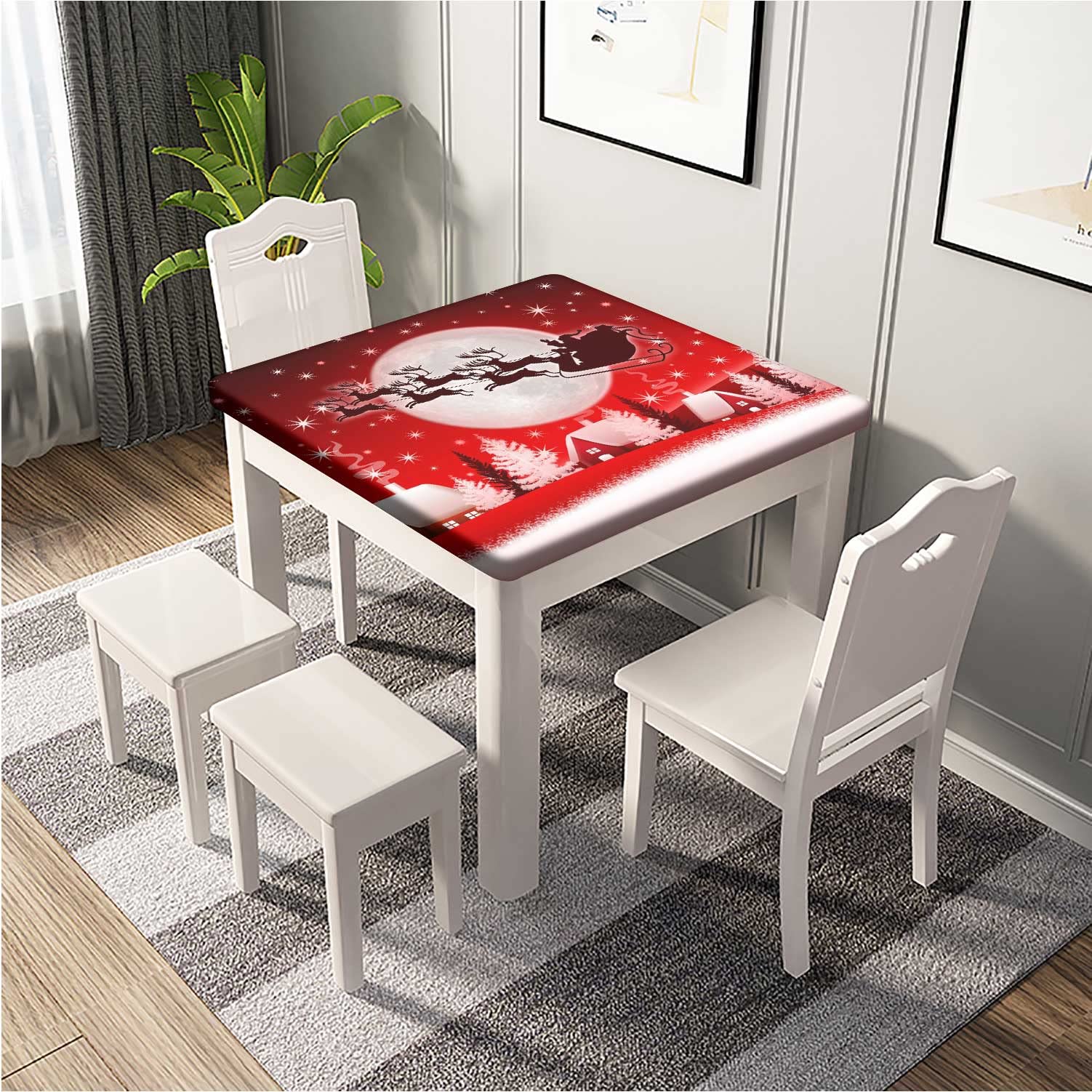Red Santa & Reindeer Christmas Square Fitted Tablecloth - Polyester Elastic Edge Table Cover 24x24 Inch, Wrinkle & Dust Proof for Holiday Dining, Home Decor, Garden, Patio and Picnic Use