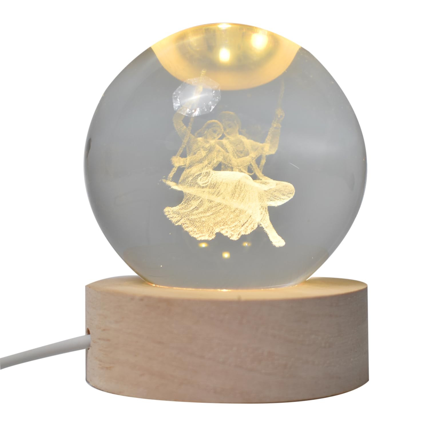 Oblivion 3D Crystal Ball LED Lamp with Radhakrishna Engraved Base - USB Powered Wooden Night Light for Home, Office Desk & Meditation Room Decor - Perfect for Yoga, Spiritual Gifts & Relaxation
