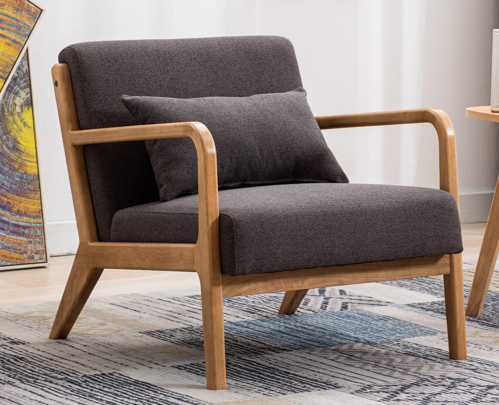 Kmax Mid Century Modern Fabric Linen Armchair - Wood Frame Upholstered Living Room Chair with Pillow, Grey | Comfortable Reading Chair & Lounge Sofa for Home Office, Bedroom, and Living Space