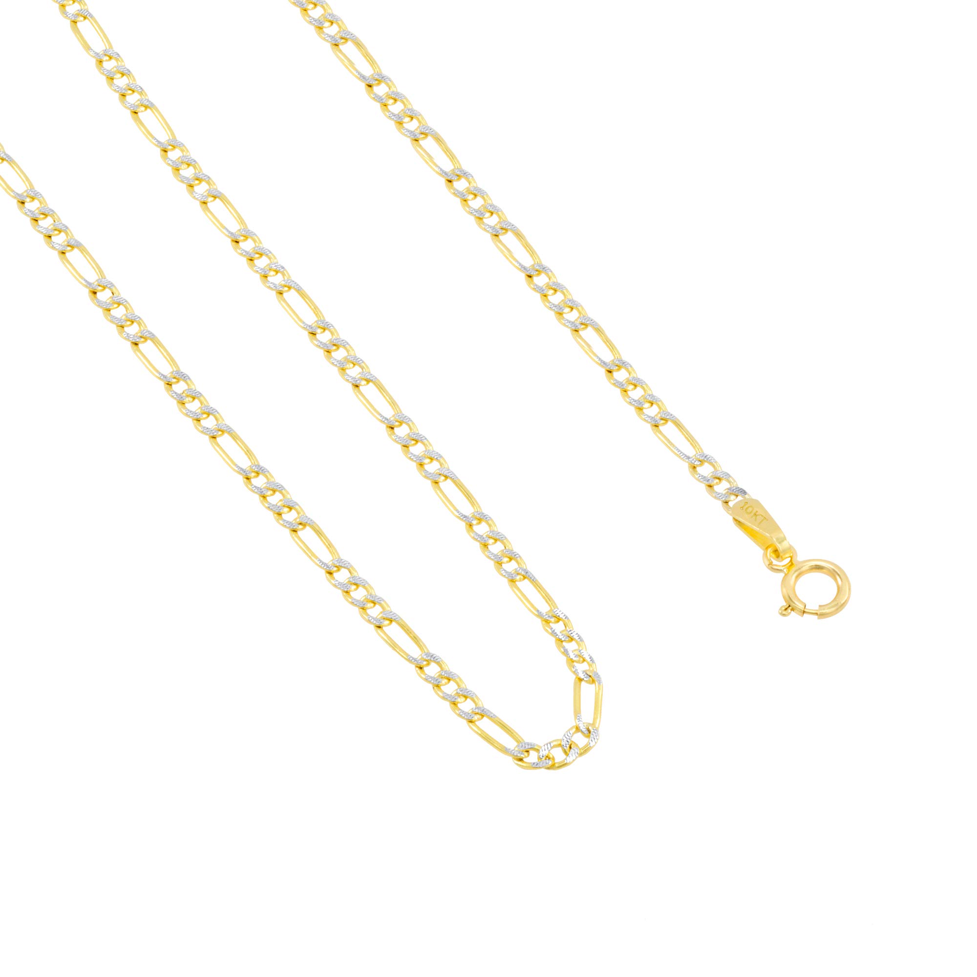 10K Real Yellow Gold Figaro Chain Necklace for Men & Women - 2mm Diamond Cut Solid Pave Link - 16