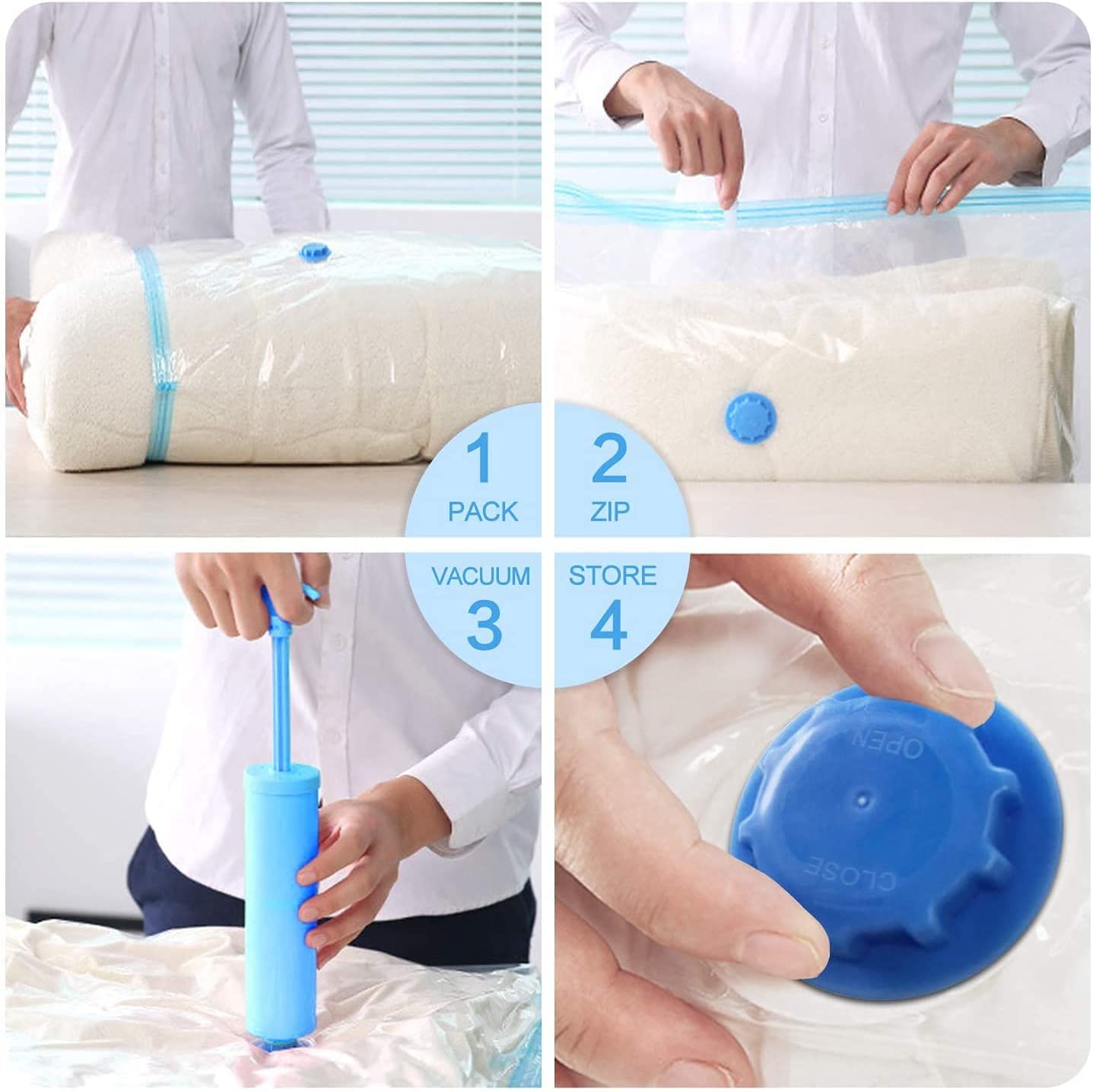 Vacuum Storage Bags with Hand Pump - Space Saving Clothes Organizer for Duvets, Pillows, Bedding & Travel (2 Jumbo + 2 Large + 2 Medium Bags) | Perfect for Seasonal Clothes Storage & Suitcase Packing