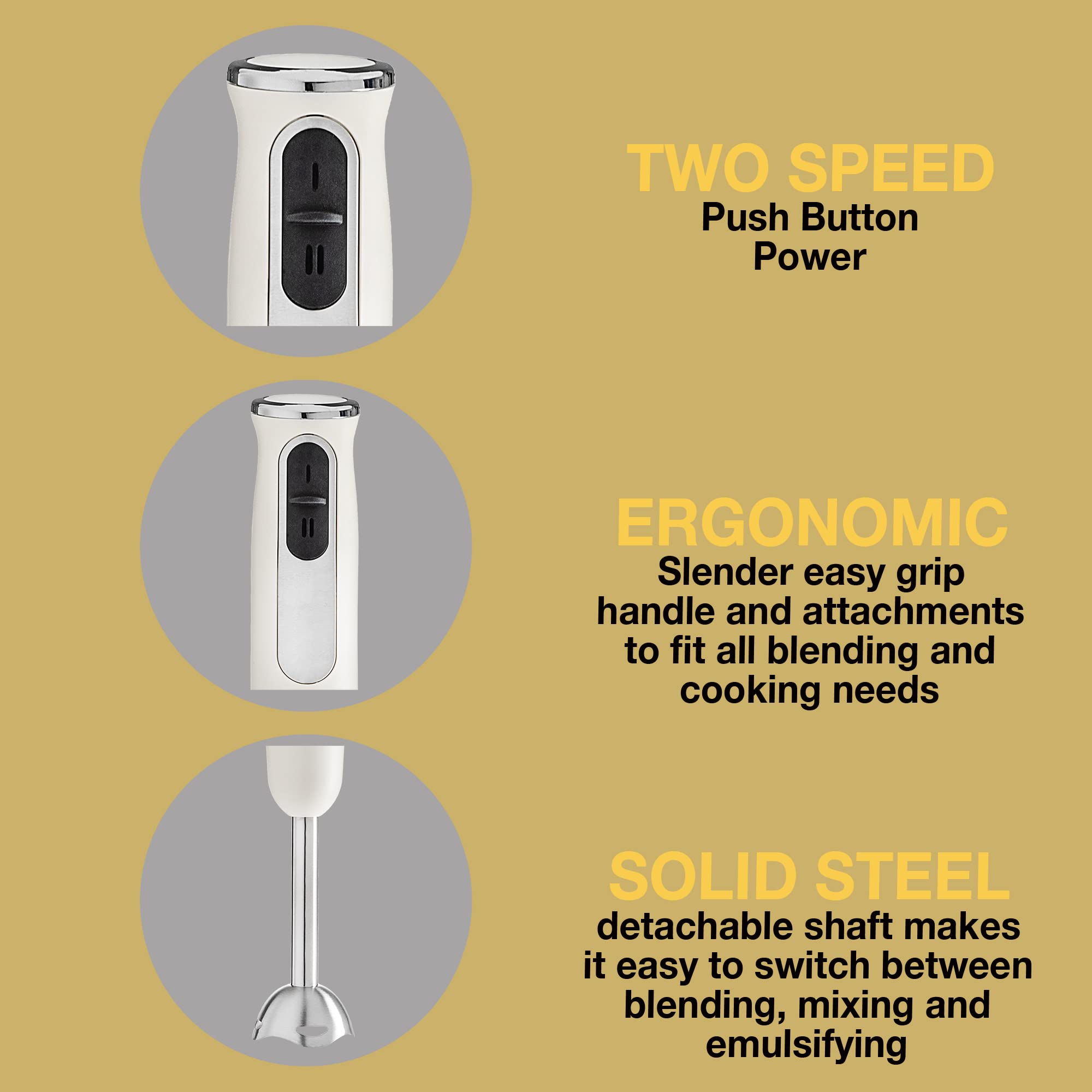 Rae Dunn Immersion Hand Blender - 500W 2-Speed Handheld Blender with Stainless Steel Blade, Includes Egg Whisk & Milk Frother Attachments (Sand Color) - Perfect for Smoothies, Soups, Sauces & Baking at Home