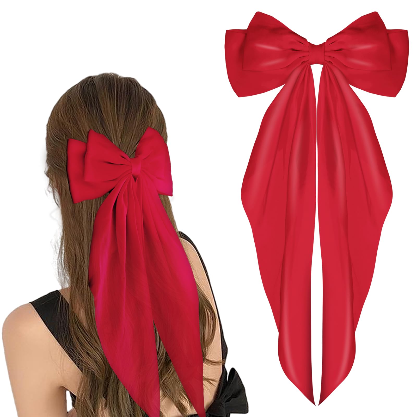 Elegant Satin Hair Barrettes - Long Tail French Bowknot Metal Hairpins for Women & Girls - Perfect for Weddings, Parties & Special Occasions (Red) - Great for Bridal Hairstyles, Birthday Gifts & Everyday Elegance