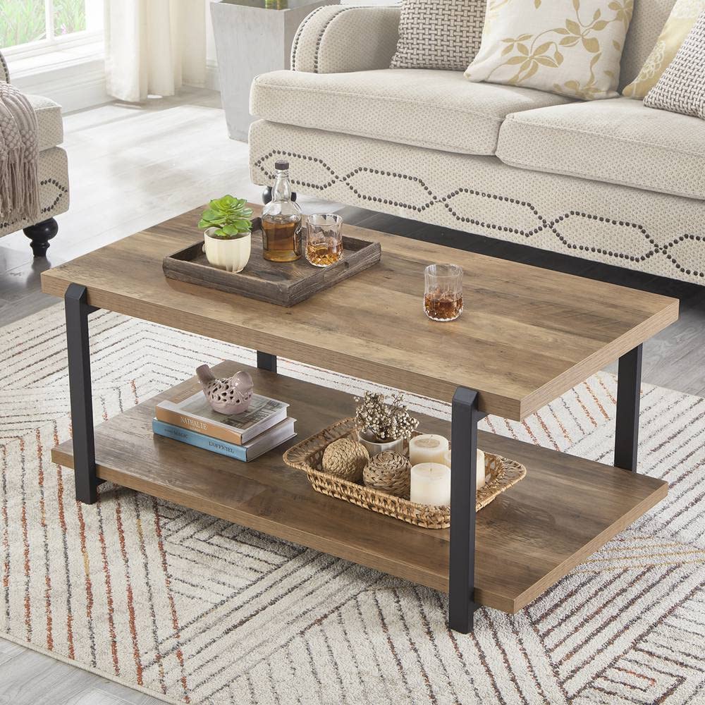 Rustic Industrial Coffee Table with Shelf - Solid Wood and Metal Cocktail Table for Living Room, Bedroom, Office - Oak Finish, Farmhouse Style Home Decor