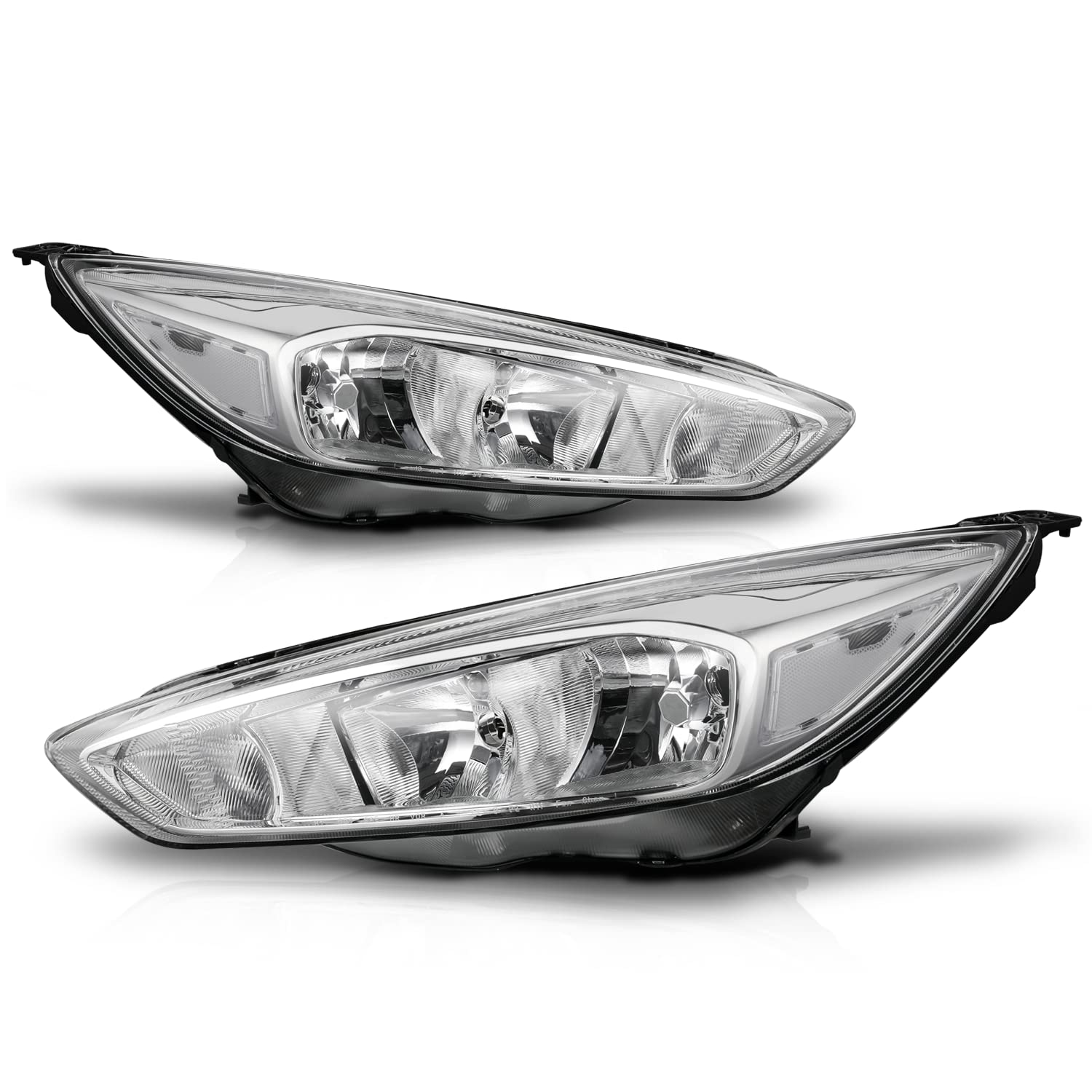 M-AUTO Left & Right Headlight Assembly for 2015-2017 Ford Focus Halogen Model - Chrome Housing Clear Corner Headlamps with Turn Signal Lights | Direct Replacement, Easy Installation | Perfect for Night Driving and Vehicle Upgrades