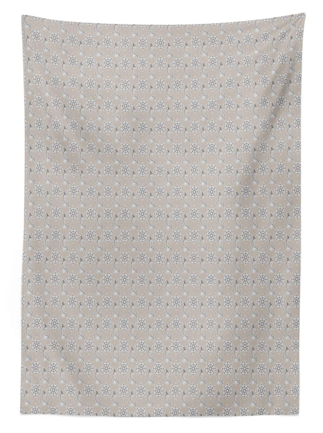 Ambesonne Nautical Outdoor Tablecloth - Anchors & Ship Wheels Design on Polka Dot Background, Marine Adventure Yacht Theme, Washable Picnic Table Cover 58x120 Inches, Pale Sepia & White - Perfect for Beach Parties, Boat Dinners & Outdoor Decor