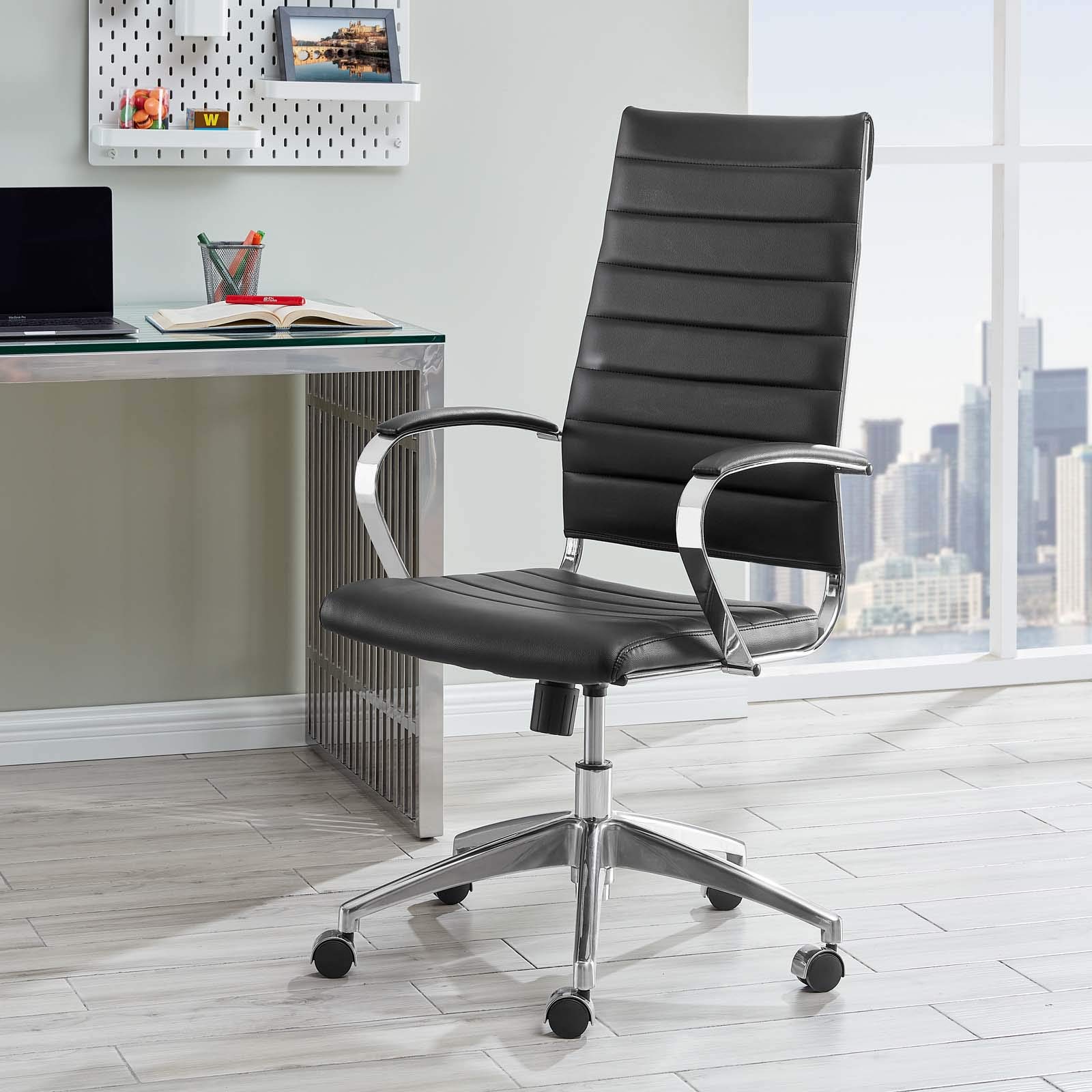 Modway Jive Ribbed High Back Executive Swivel Office Chair with Arms - Ergonomic Black Desk Chair for Home & Office Workspace, Conference Room, Gaming Setup