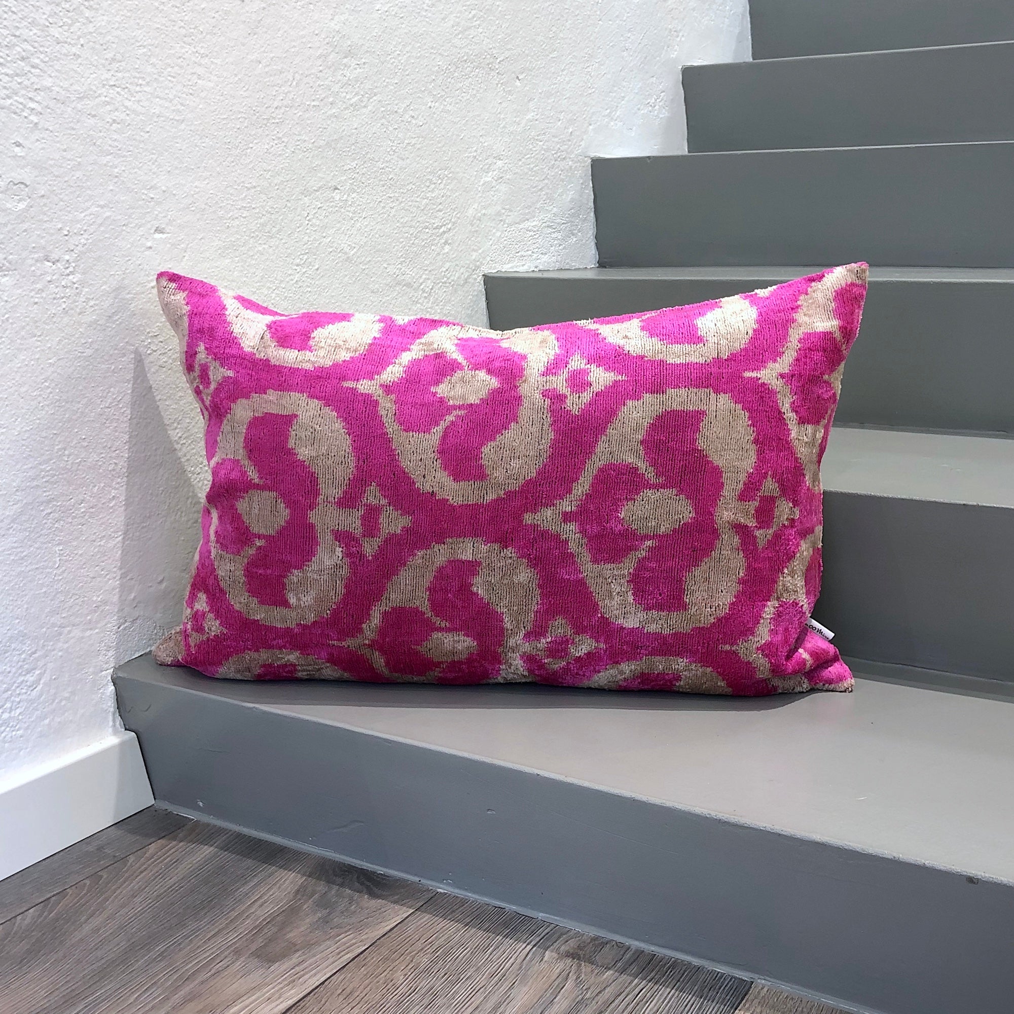 Velvet Ikat Cushion Cover Pink Paradise - Soft Decorative Throw Pillow Case for Sofa, Bed, Chair - Boho Home Decor & Living Room Accent