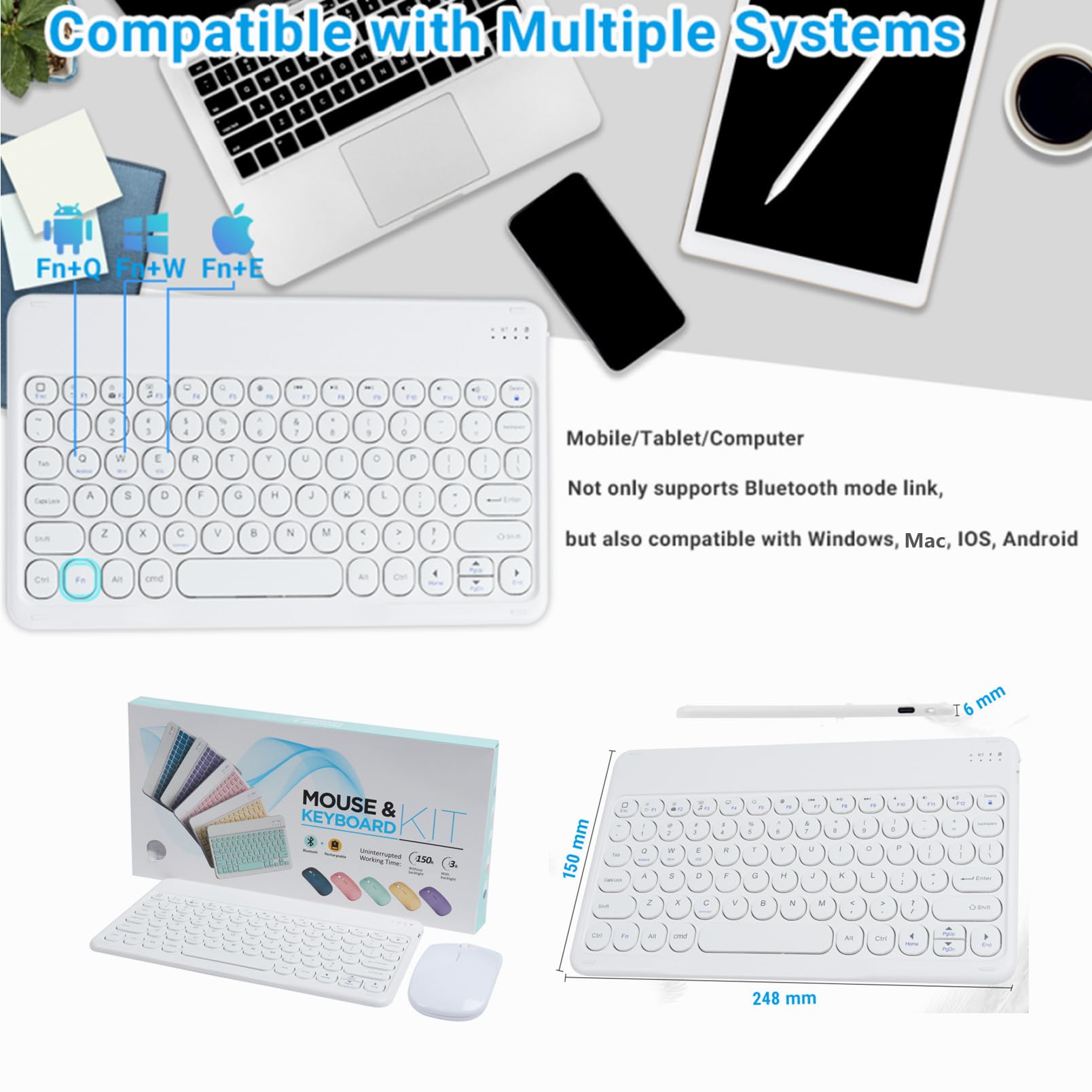 Ultra-Slim Wireless Bluetooth Keyboard and Mouse Combo - Portable Cordless Keyboard for Android, iPhone, iPad, Windows, Surface - Perfect for Office, Home, Travel & Mobile Work (White)