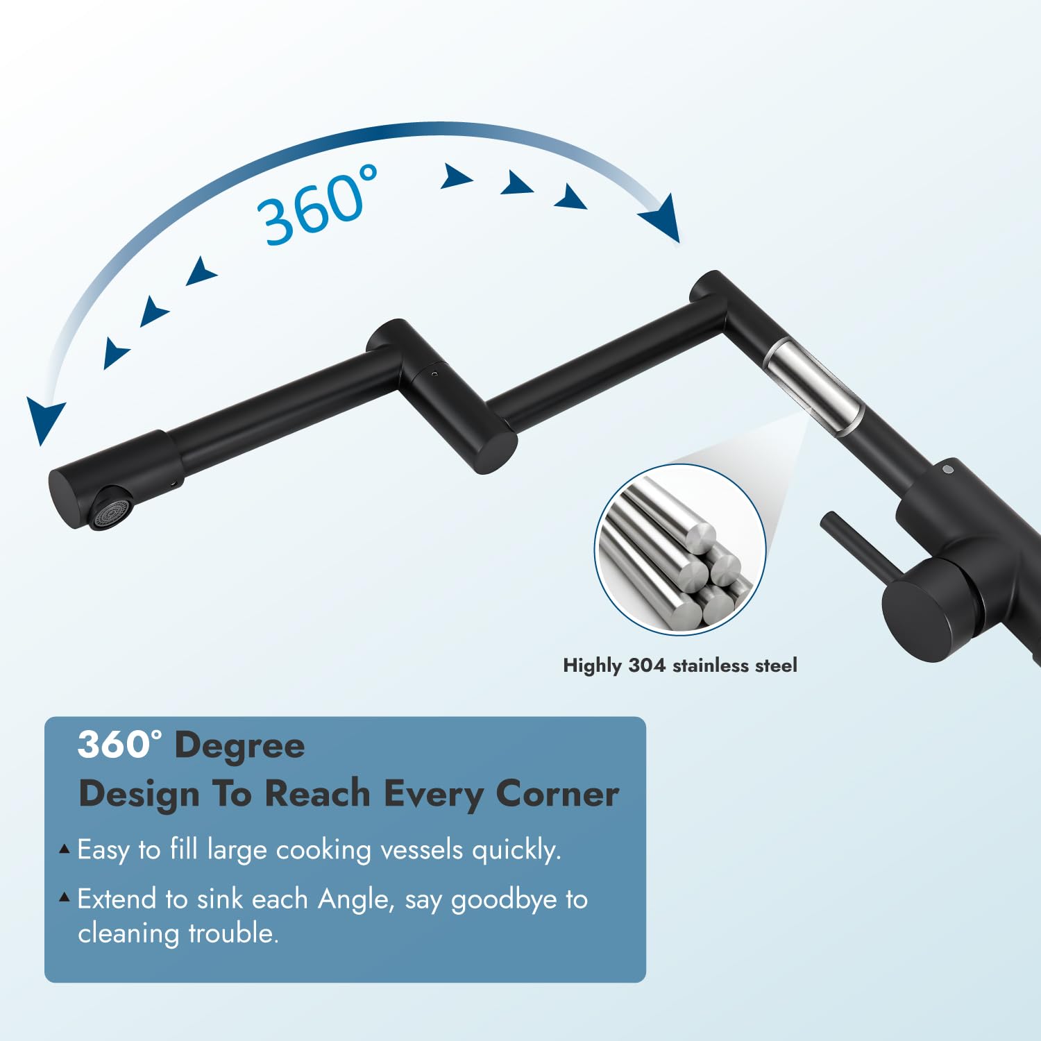 Stainless Steel Matte Black Deck Mounted Pot Filler Faucet - Hot & Cold Water Single Handle 360° Rotating Retractable Commercial Kitchen Sink Faucet - Perfect for Restaurants, Food Trucks & Home Chefs