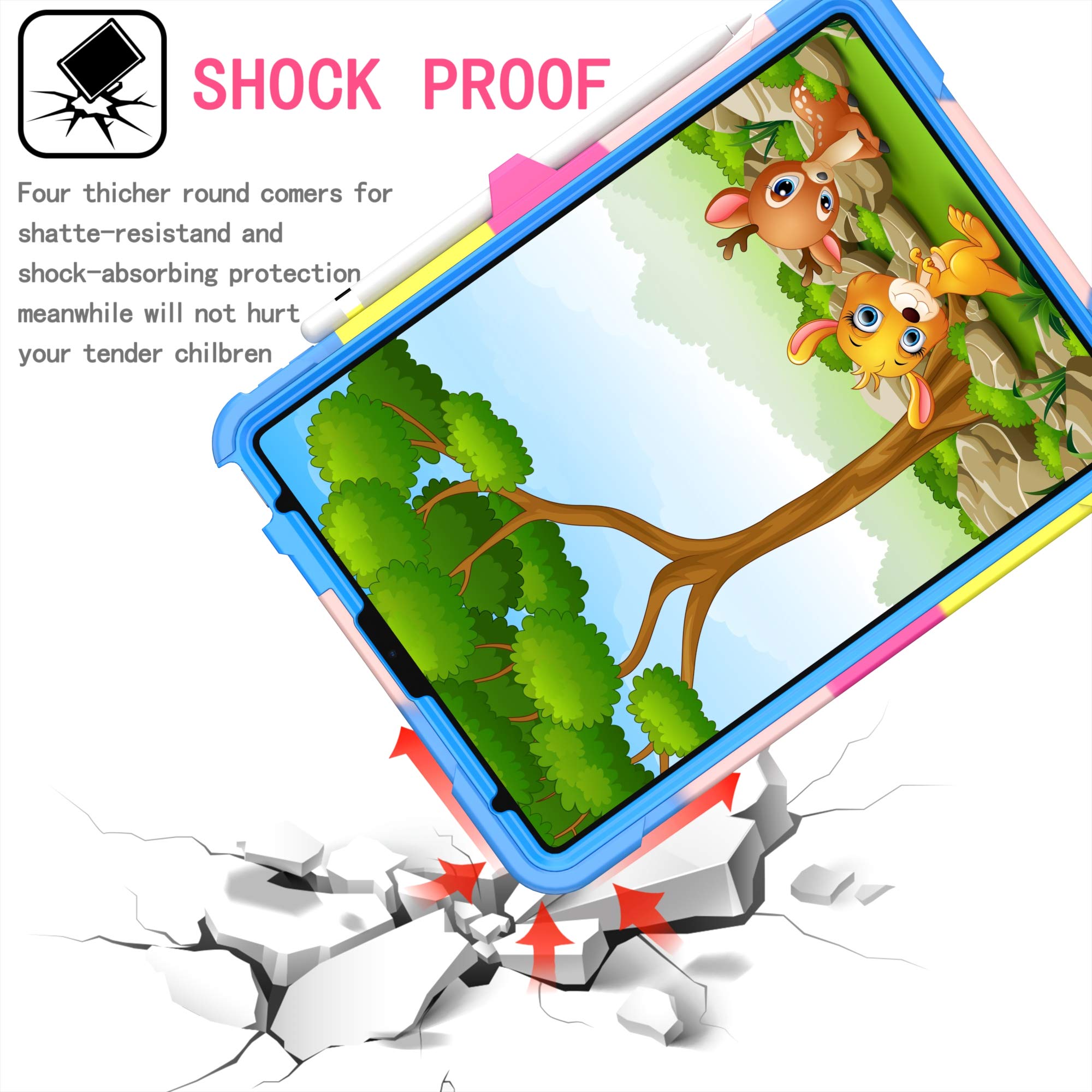 Dteck Shockproof iPad Air 5 Case 2022 & iPad Air 4 10.9 Case 2020 & iPad Pro 11 Case - Heavy Duty Drop Protection Cover with Stand, Anti-Scratch Kids Design & Adjustable Hand/Shoulder Strap (Rainbow & Blue) - Perfect for School, Travel & Outdoor Activities