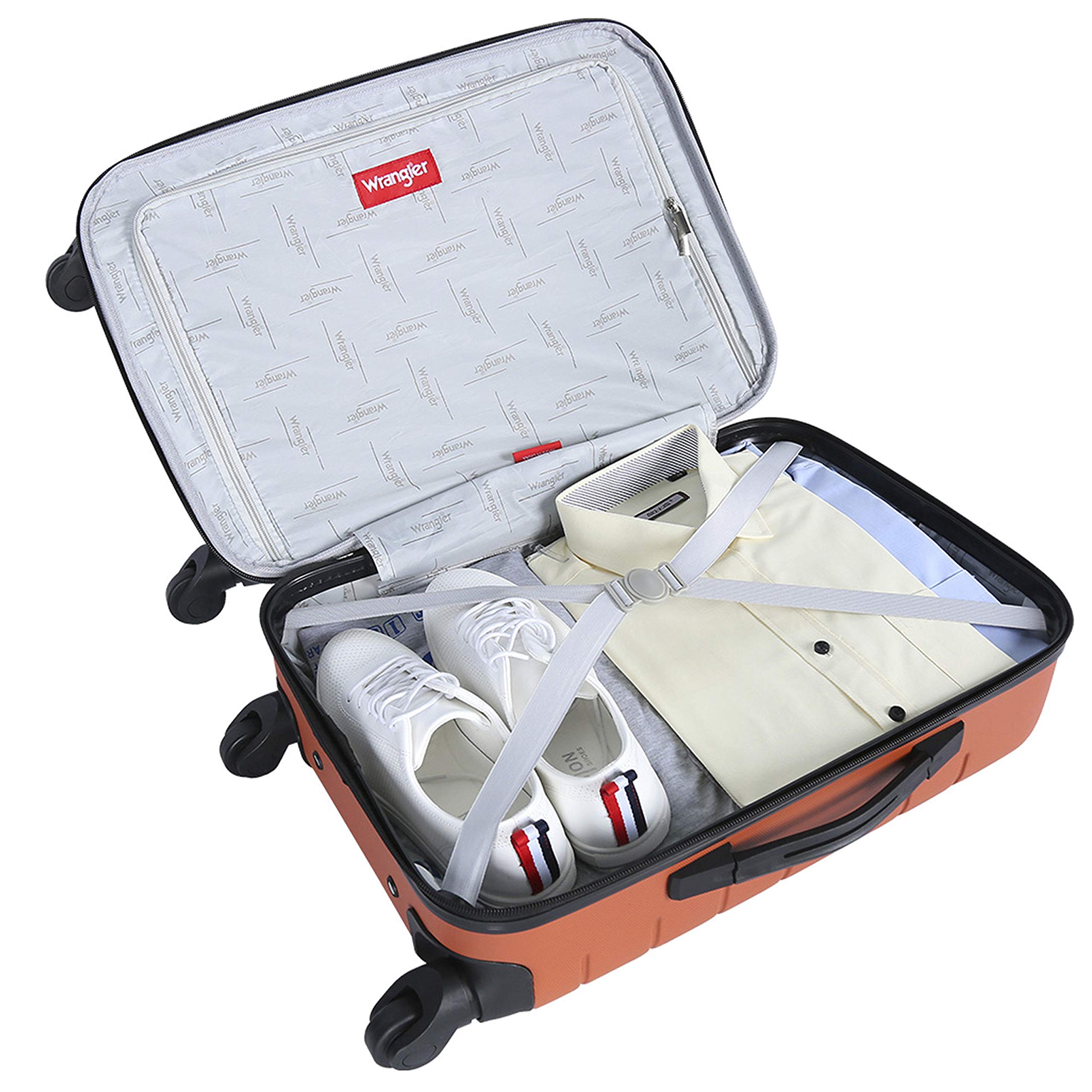 Wrangler Smart Luggage with Cup Holder & USB Charging Port - 3 Piece Carry-On Set (Burnt Orange) | Perfect for Business Travel, Family Vacations & Airport Convenience