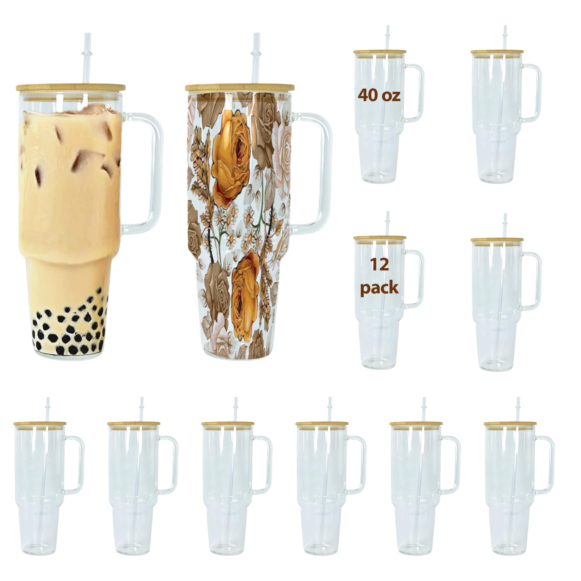 40oz Sublimation Glass Tumbler with Handle - 12 Pack Clear Glass Cups with Bamboo Lid & Plastic Straw - Reusable Iced Coffee Cup for Boba Tea, Juice, Smoothies - BPA Free, Fits Car Cup Holder - Perfect for Home, Office, Travel & Gifts - Individually Boxed