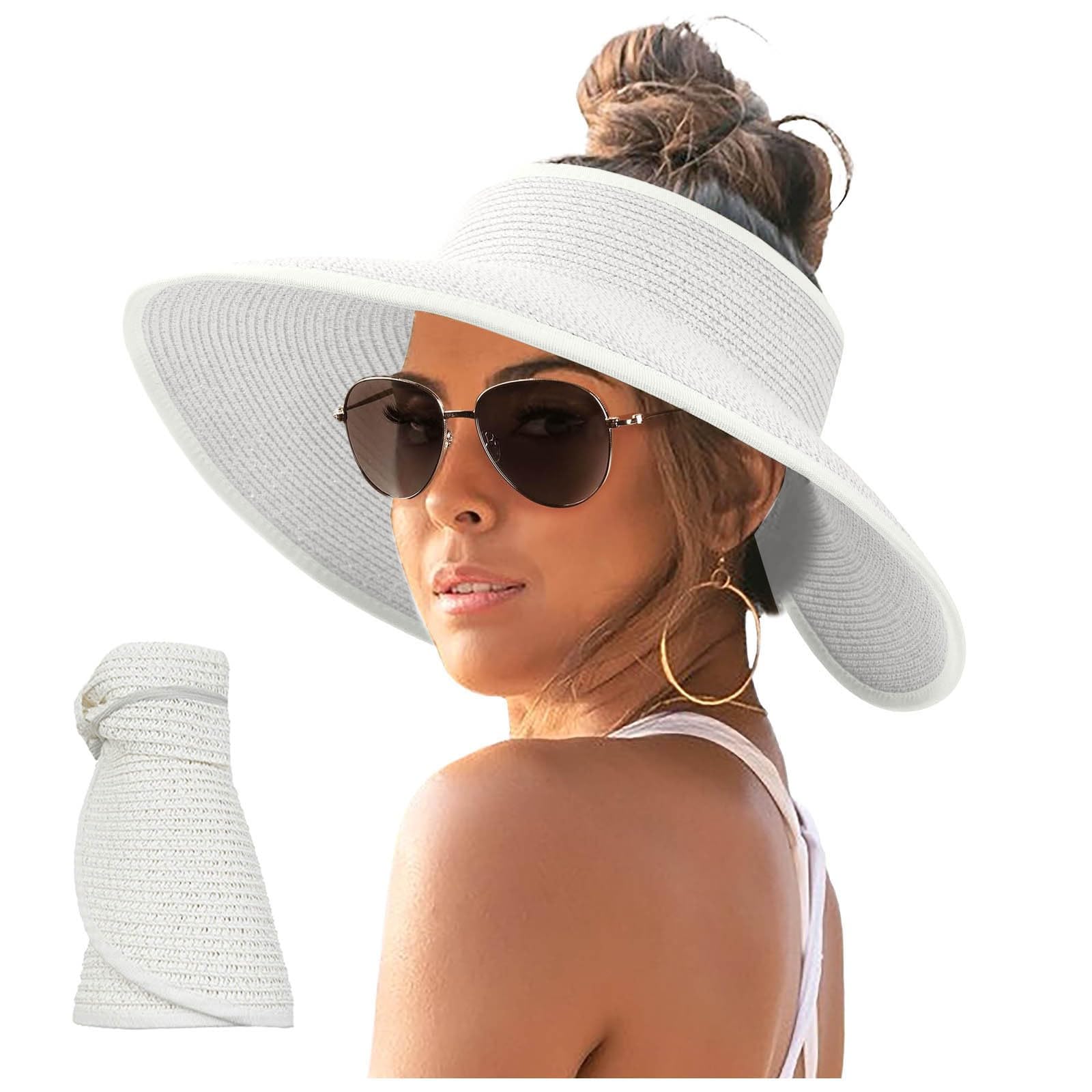Women's Wide Brim Straw Sun Visor Hat - Roll-Up Ponytail Design, Packable & Foldable for Summer Beach, Travel & Outdoor Activities | UV Protection Sun Hat for Hiking, Gardening, Vacations