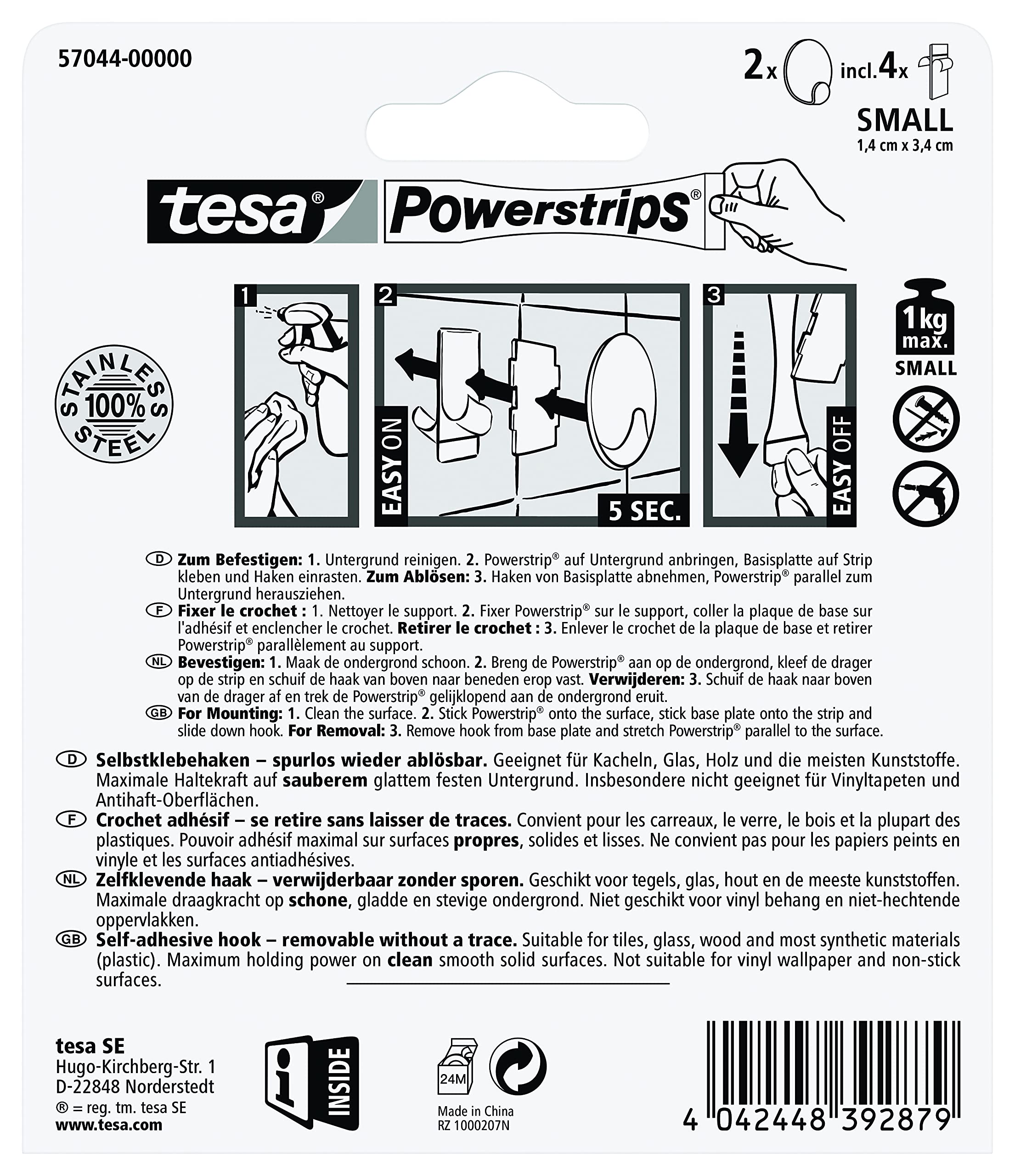 Tesa Powerstrips Heavy Duty Metal Hooks - Round Adhesive Wall Hooks for Hanging Decor, Keys & Organizing - Strong Hold for Home & Office Use