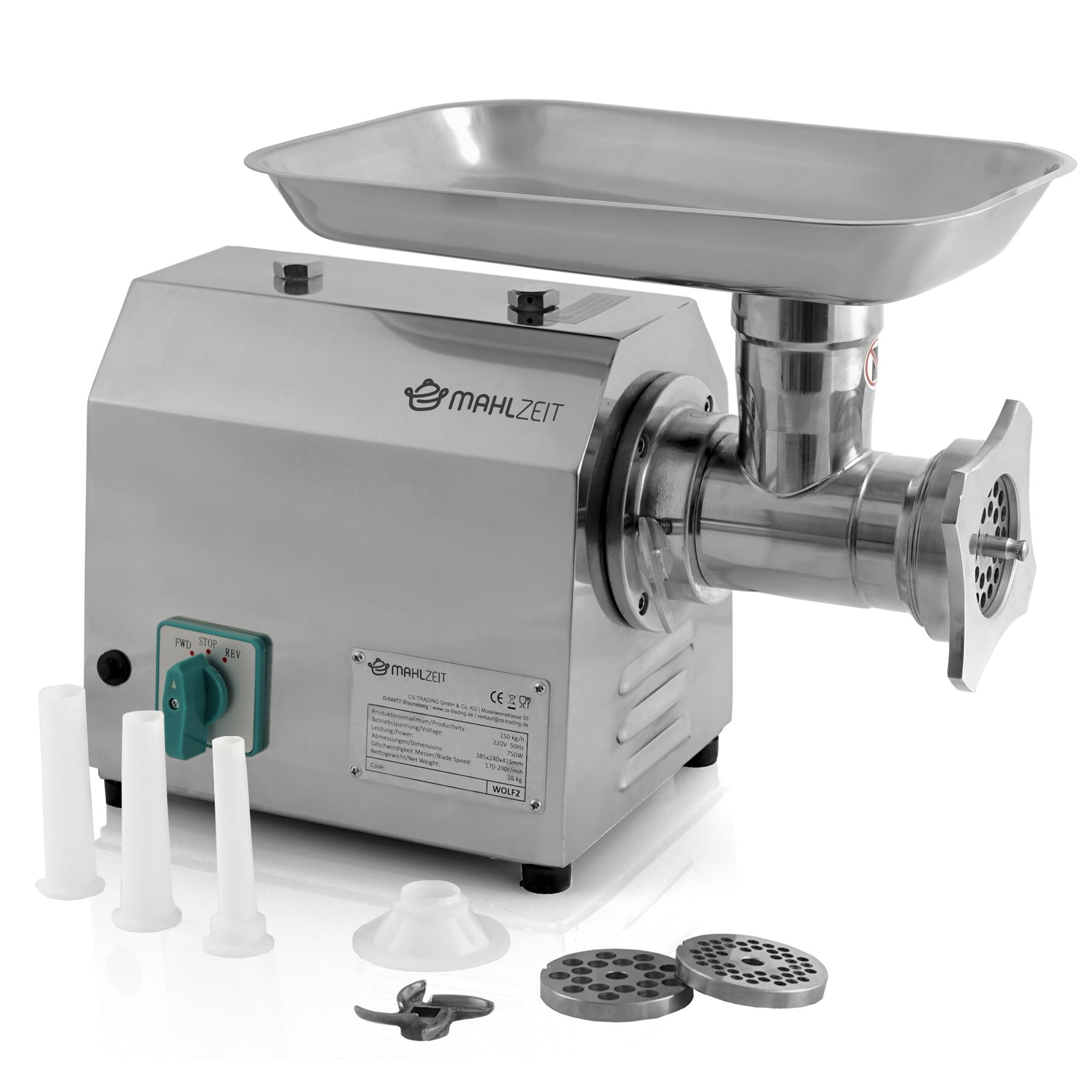 Professional Electric Meat Grinder - 750W Stainless Steel Sausage Stuffer & Carnaval-Quality Mincer - Heavy Duty 150kg/h for Home Kitchen & Commercial Use - Perfect for Grinding Beef, Pork, Making Sausages & Burgers