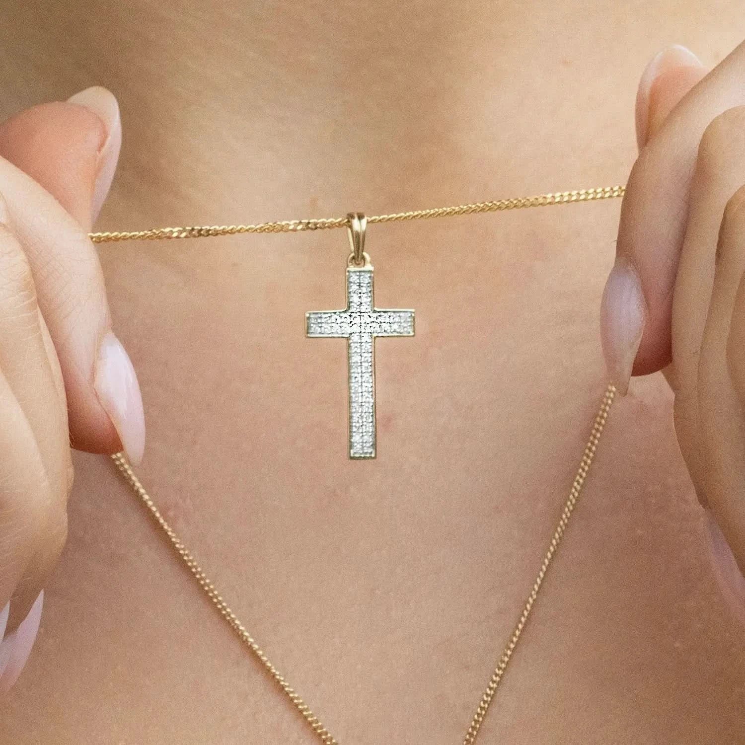 Solid Gold Diamond Cross Necklace for Women - Elegant Religious Jewelry Gift for Baptism, First Communion & Everyday Wear