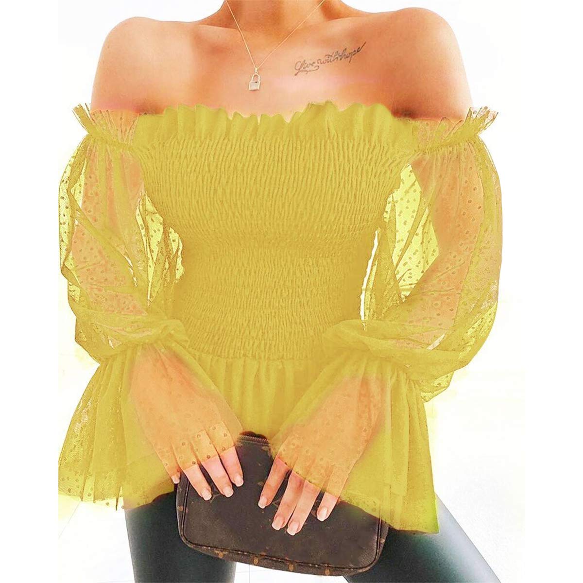 MAINESAKA Women's Polka Dot Off Shoulder Ruched Mesh Long Sleeve Blouse - Flowy Ruffle Pleated Tops for Casual Wear, Date Night & Office Outfits