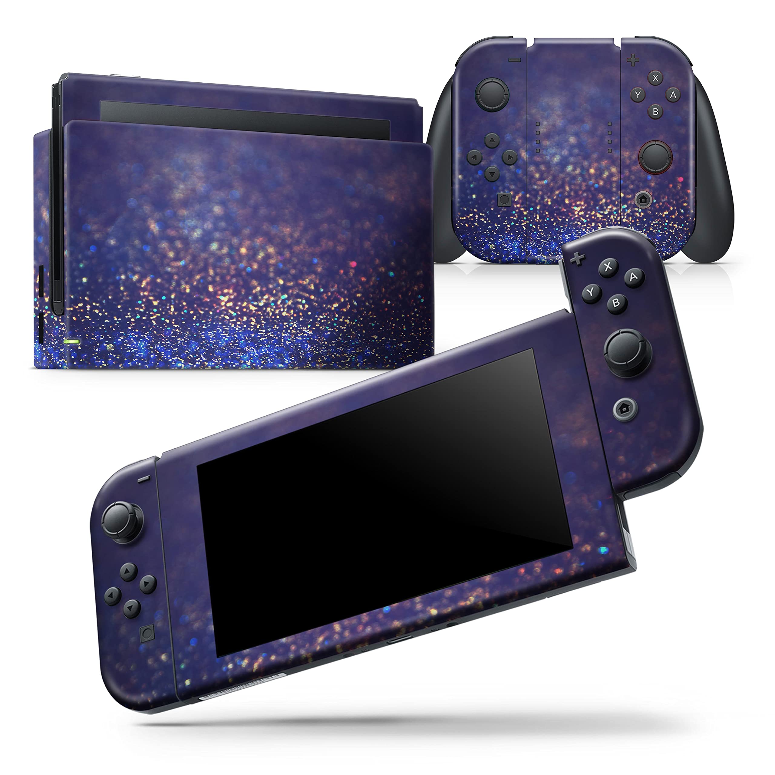 Nintendo Switch Skin Decal - Removable Protective Vinyl Wrap Cover Compatible with Switch Console - Deep Blue with Gold Shimmering Orbs Design - Perfect for Gaming Protection & Customization
