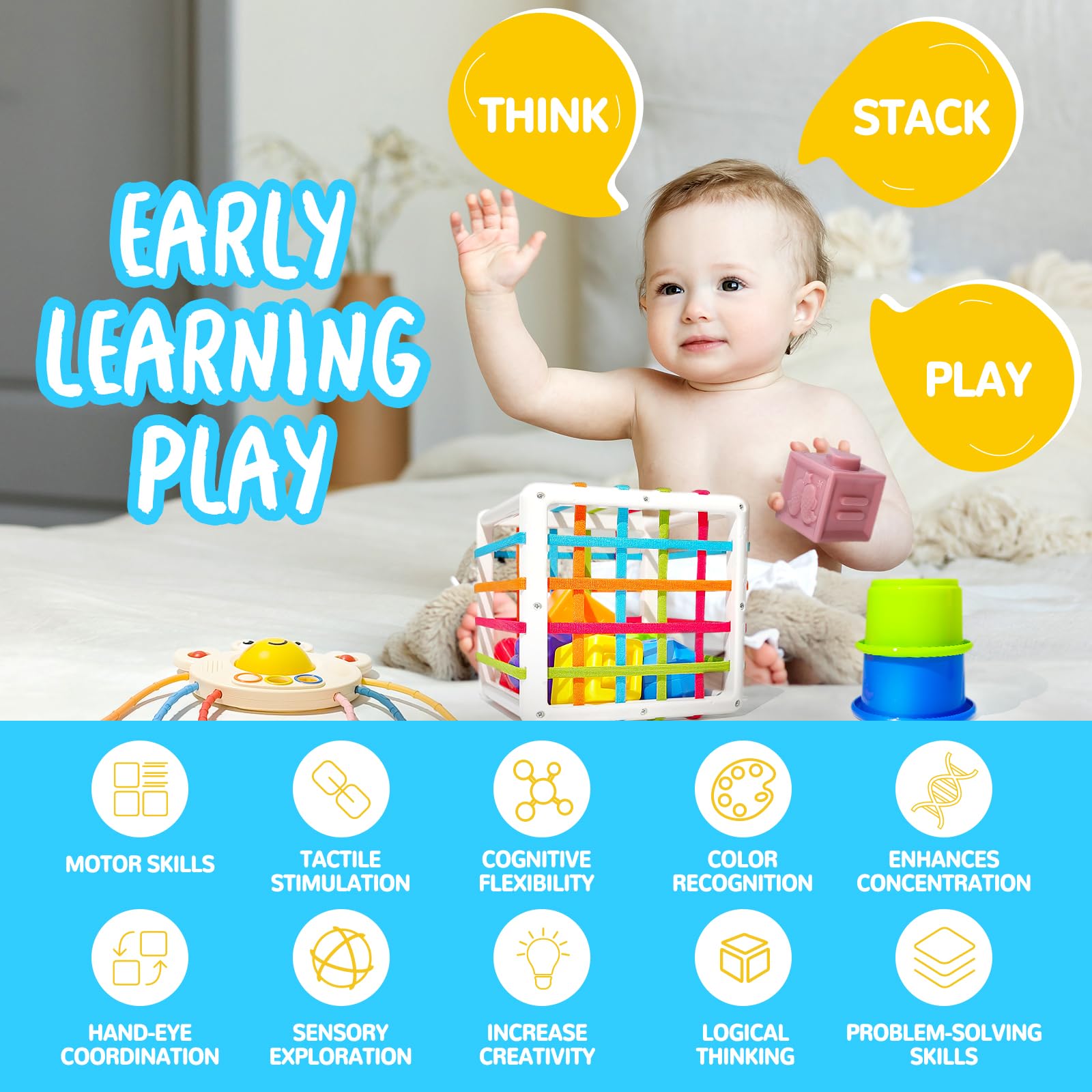 Montessori Toys for Babies 0-12 Months - 6-in-1 Sensory Stacking Blocks for Infant Development - Educational Learning Toys Gift for 1-3 Year Old Boys & Girls - Perfect for Daycare, Toddler Playtime & Early Childhood Education