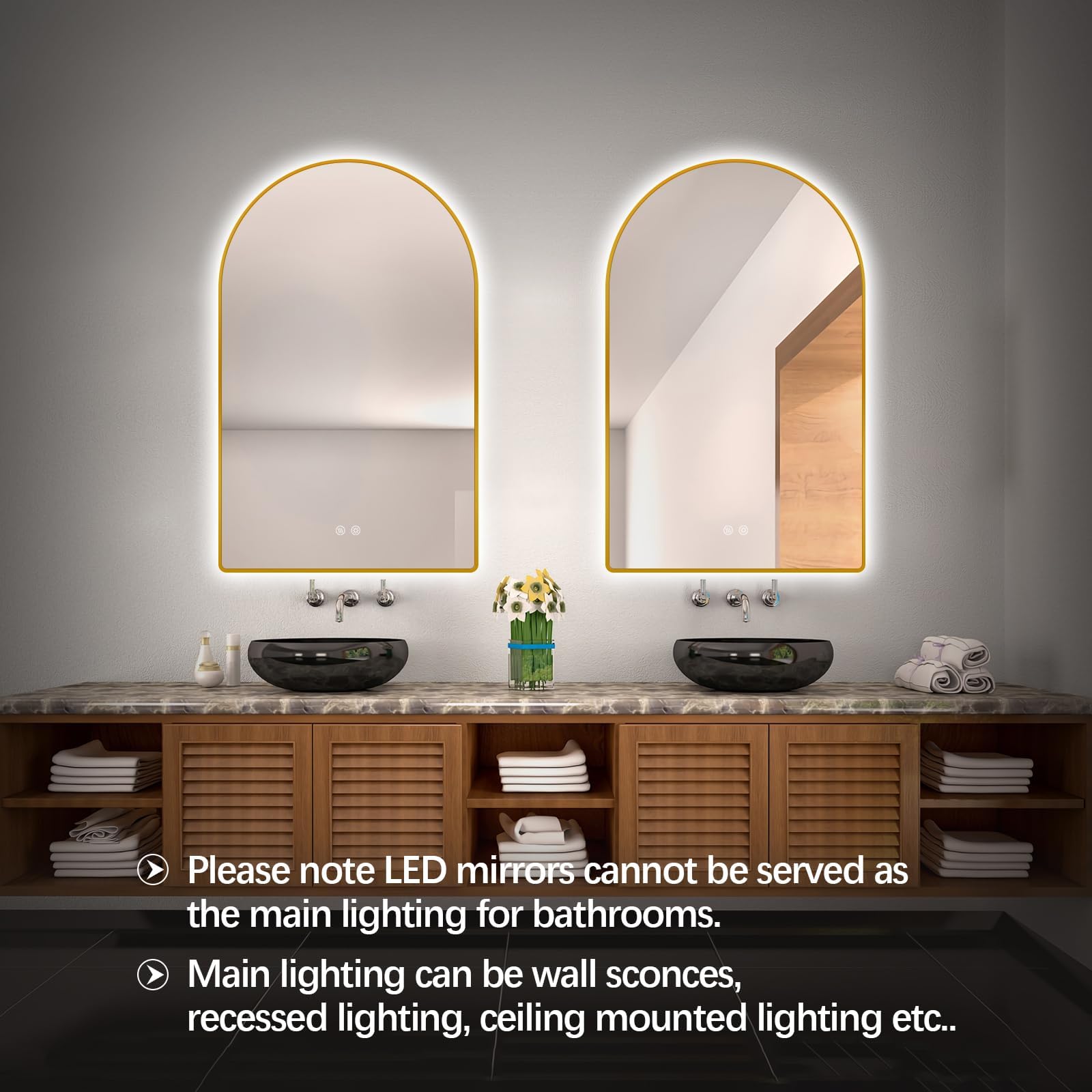 Niccy 40x24 Inch Arched LED Backlit Bathroom Mirror - Brushed Gold Framed Wall Mounted Vanity Mirror with 3 Color Temperature Settings, Shatterproof & Fog-Free Technology - Perfect for Modern Bathrooms, Dressing Rooms & Makeup Areas