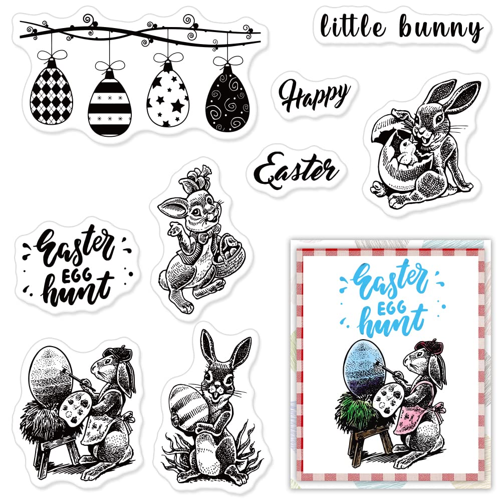 Easter Egg Clear Stamps Set - Bunny Rabbit Silicone Stamps with Happy Easter Words - DIY Scrapbooking & Card Making Supplies - Perfect for Easter Crafts, Greeting Cards, and Holiday Decorations