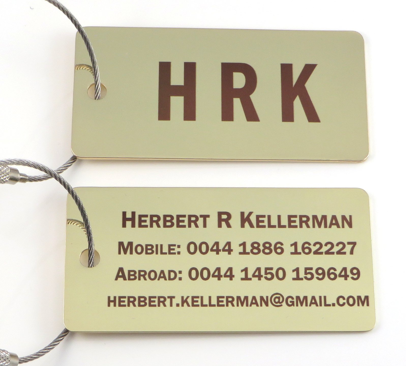 Personalized Gold Luggage Tag with Stainless Steel Cable Loop - Free Dark Laser Engraving - Perfect for Travel Bags, Suitcases & Backpacks
