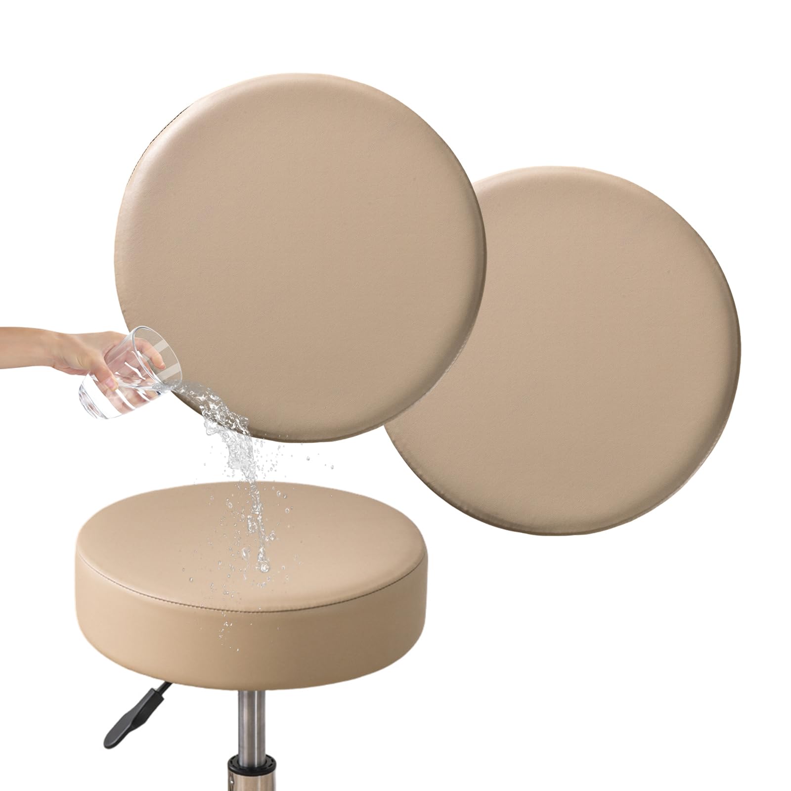 Waterproof PU Bar Stool Covers Set of 2 - Elastic Slipcovers for 12-15 Inch Stools, Washable Khaki-Nude Seat Cushions | Perfect for Kitchen Counter, Breakfast Nook & Home Bar Decor