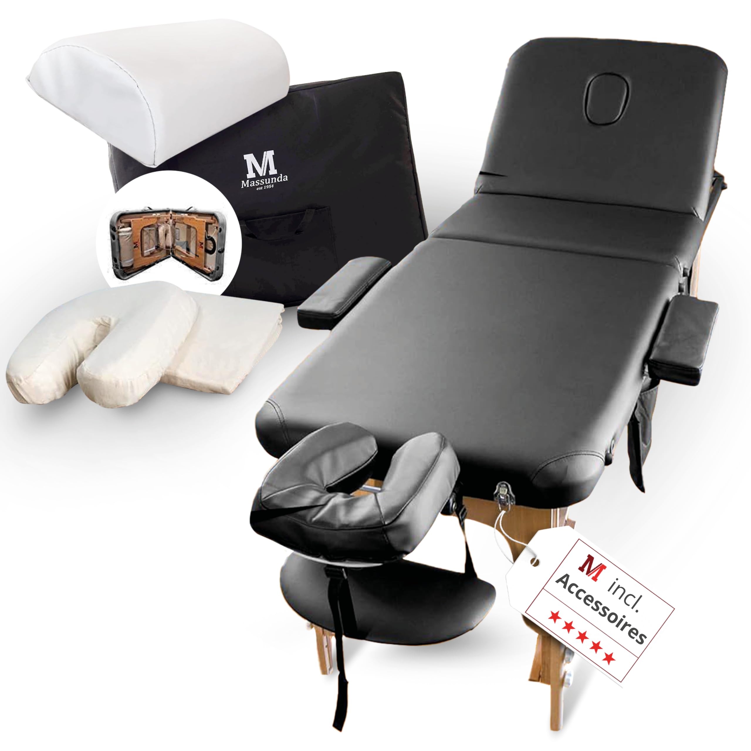 MASSUNDA All INKL Adjustable Height Folding Massage Chaise – Solid Wood Mobile Massage Table with Sponge Cover, Armrests, Backrest & Ergonomic Headrest (Black) – Perfect for Home, Spa & Professional Massage Therapy