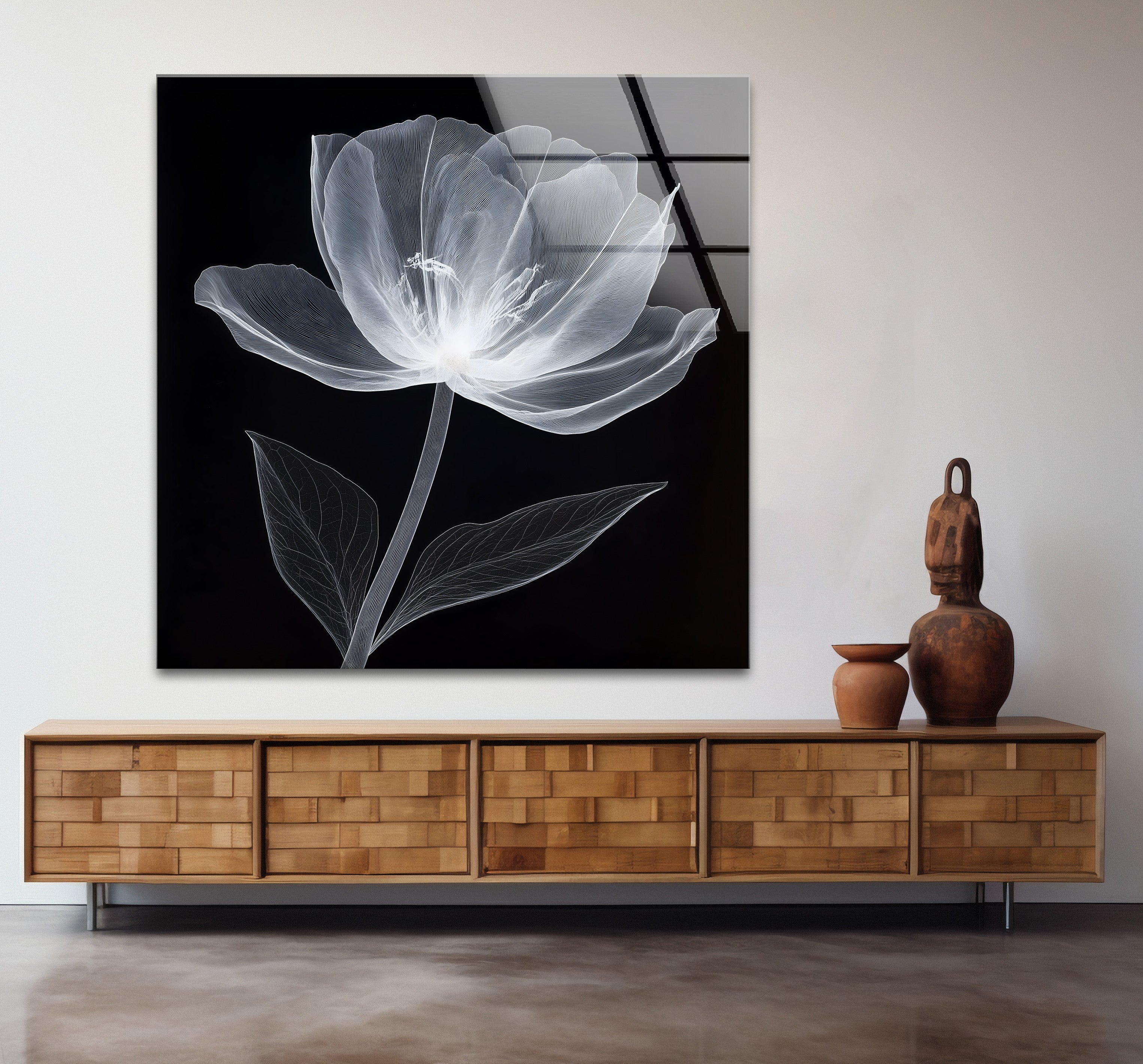 Black and White Minimal Floral Glass Wall Art - Modern Home Decor for Living Room, Bedroom & Office - Elegant Framed Glass Painting for Housewarming Gifts