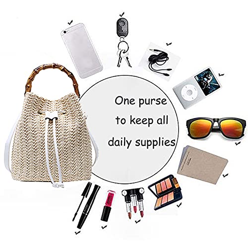 Stylish Women's Straw Bucket Bag with Drawstring - Bamboo Tote Crossbody Shoulder Bag for Beach, Travel & Summer Outfits