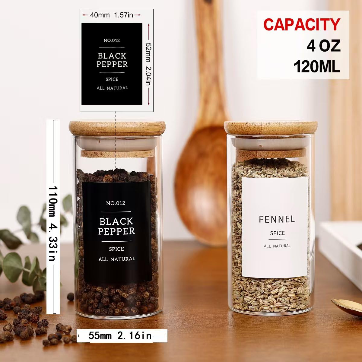 24-Piece Glass Spice Jars Set with 296 Preprinted Labels (Black & White) - 4oz Thick-Walled (2.4mm) Empty Herb Containers with Bamboo Airtight Lids - Perfect for Kitchen Organization, Spice Storage & DIY Seasoning Gifts