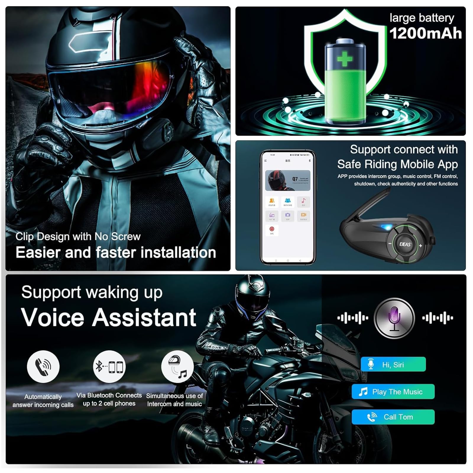 EJEAS Q8 Mesh 3.0 Motorcycle Bluetooth Intercom Headset - 6-Way Full Duplex Communication, Bluetooth 5.1 with CVC Noise Cancellation & Music Sharing (2 Pack) - Perfect for Group Riding, Adventure Tours & Road Trips