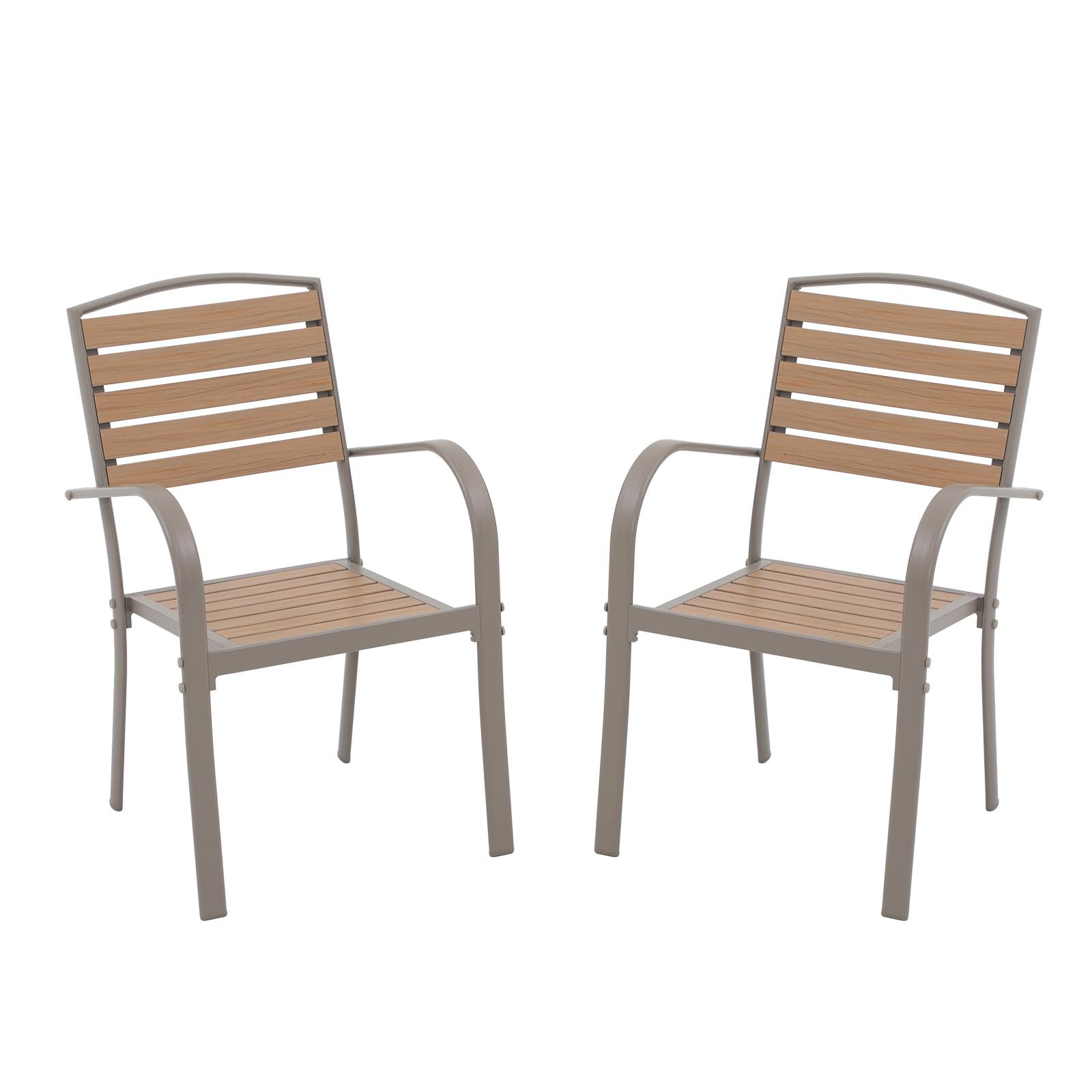 Premium Aluminum Outdoor Dining Chairs Set of 2 - Stackable All-Weather Patio Chairs with Armrests, Faux Wood Finish in Teakwood Brown - Perfect for Backyard, Garden, Restaurant & Bistro Settings
