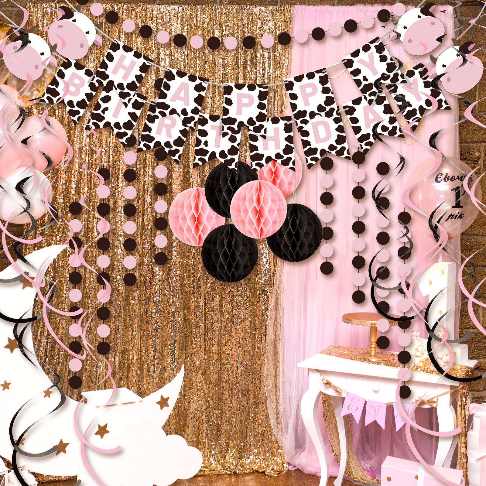 Pink Cow Themed Party Decorations Supplies - Happy Birthday Banner, Hanging Swirls, Round Paper Garland, Honeycomb Balls for Baby Showers, Kids Birthday & Farm Animal Ceiling Decor