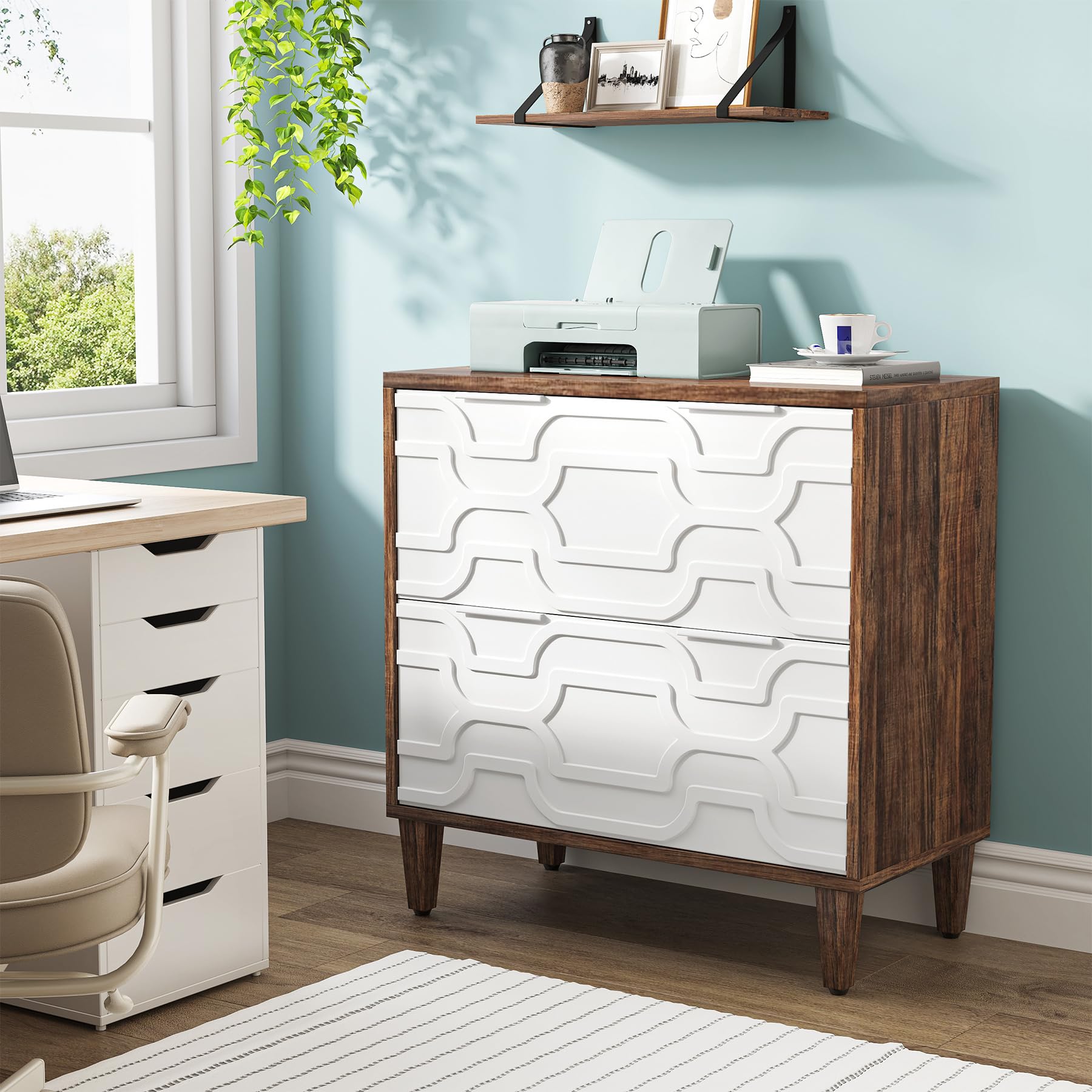 Tribesigns 2-Drawer Lateral File Cabinet for A4/Letter/Legal Size Documents - Office Storage Cabinet with Printer Stand, Home Office Organization Solution in Brown & White - Perfect for Paper Storage, Printer Organization & Workspace Decluttering