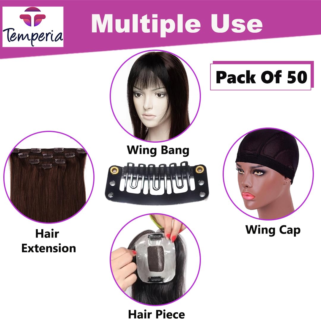 TEMPERIA 50 Pcs Hair Extension Clips for Women & Men - Black Snap Wig Clips (3.4 cm) - Secure Hair Patch Attachments for Daily Styling, Cosplay & Costume Parties