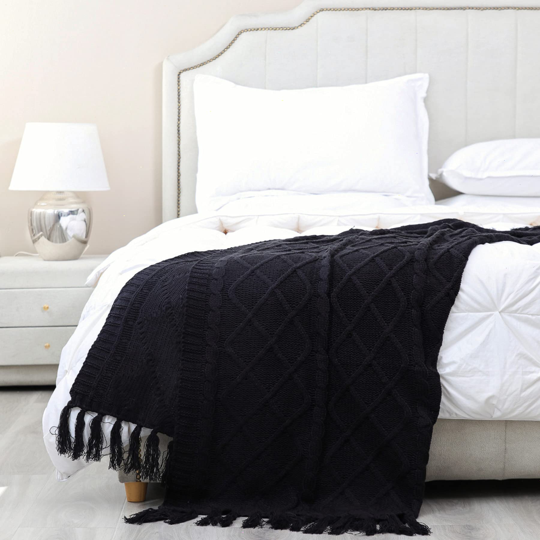 Soft & Cozy Cable Knit Throw Blanket - Lightweight Decorative Fringed Blanket for Couch, Chair, Bed & Sofa - Black 50x60 Inches - Perfect for Living Room, Bedroom & Home Decor
