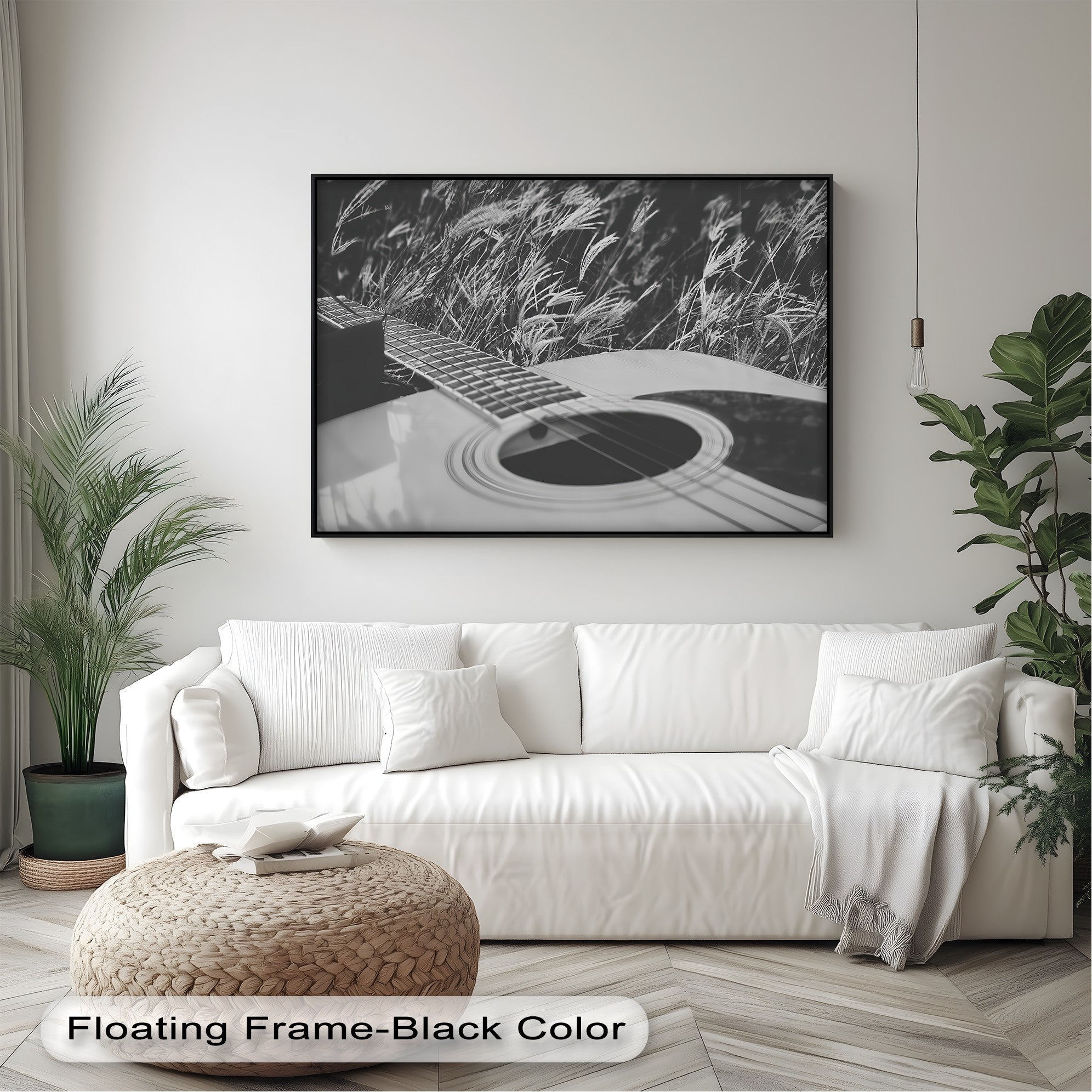 Acoustic Guitar in Field - Black and White Nature Music Canvas Prints | Wall Art Decor for Living Room, Bedroom & Office | Music Lover Gift