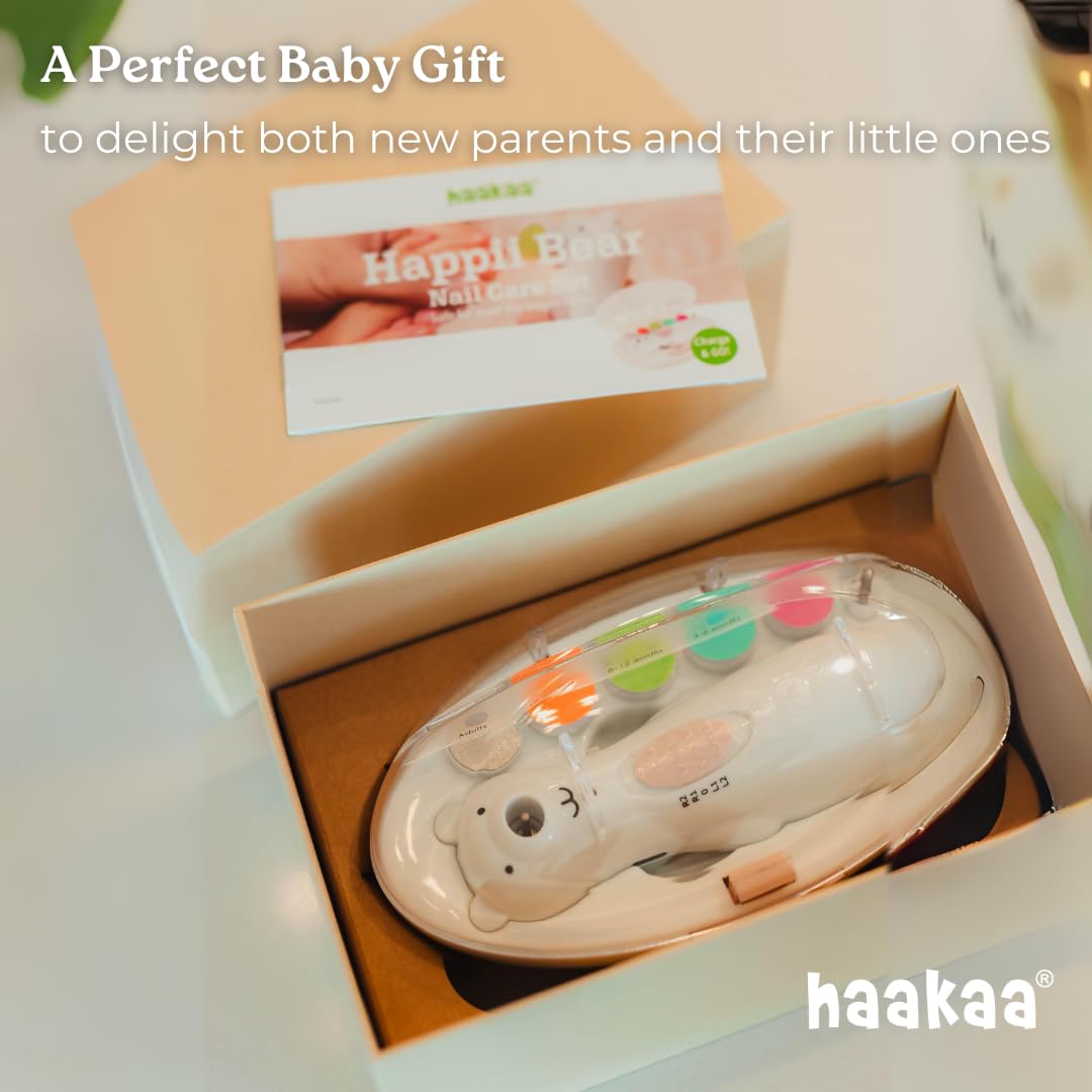 Haakaa Happii Bear Rechargeable Electric Baby Nail Trimmer Set with LED Light - Gentle & Quiet Baby Nail Clippers & File for Newborns & Toddlers - Perfect for Safe At-Home Baby Nail Care & Travel Use